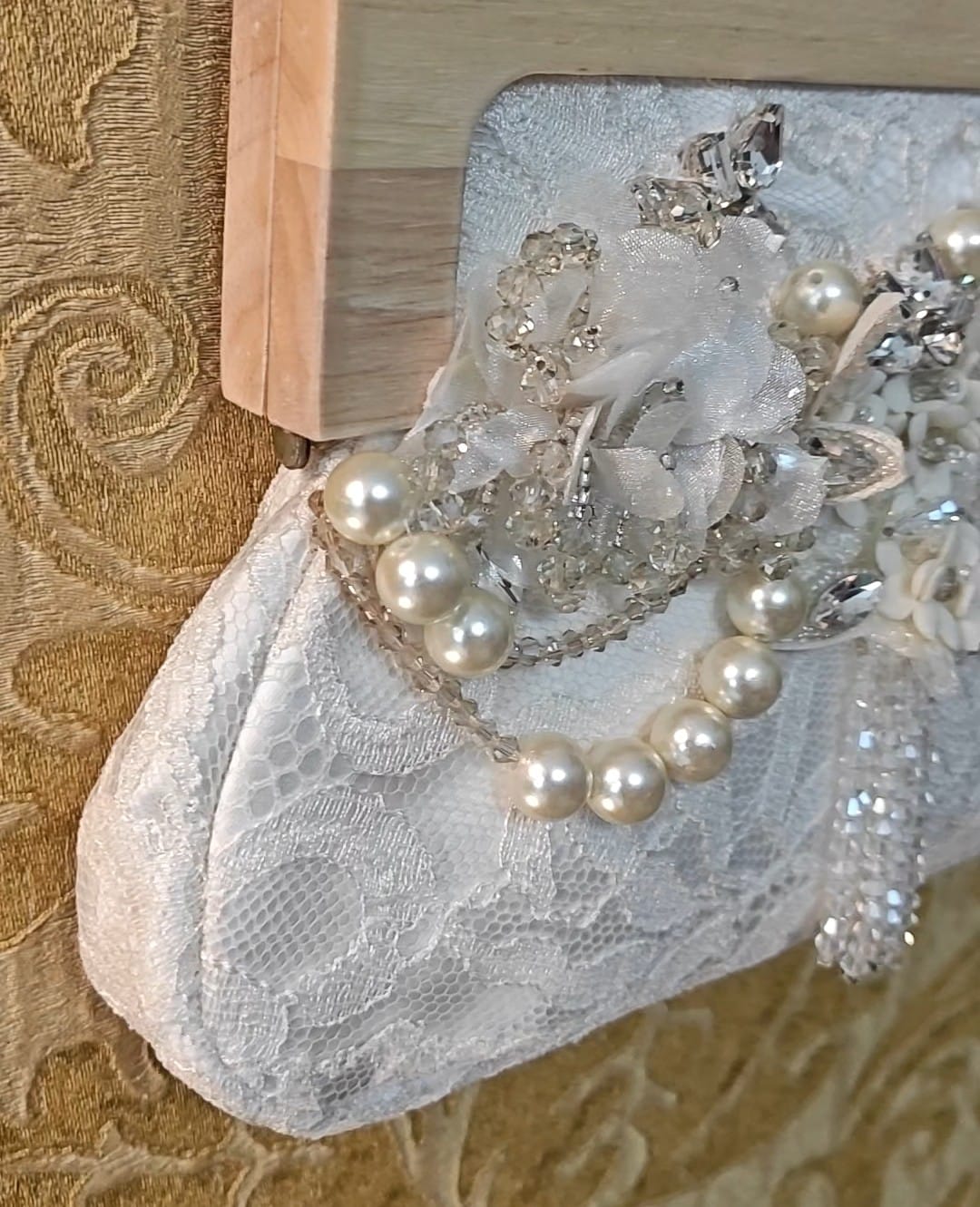 White chantilly lace purse with dainty floral embroidery and pearl/ bead scallops