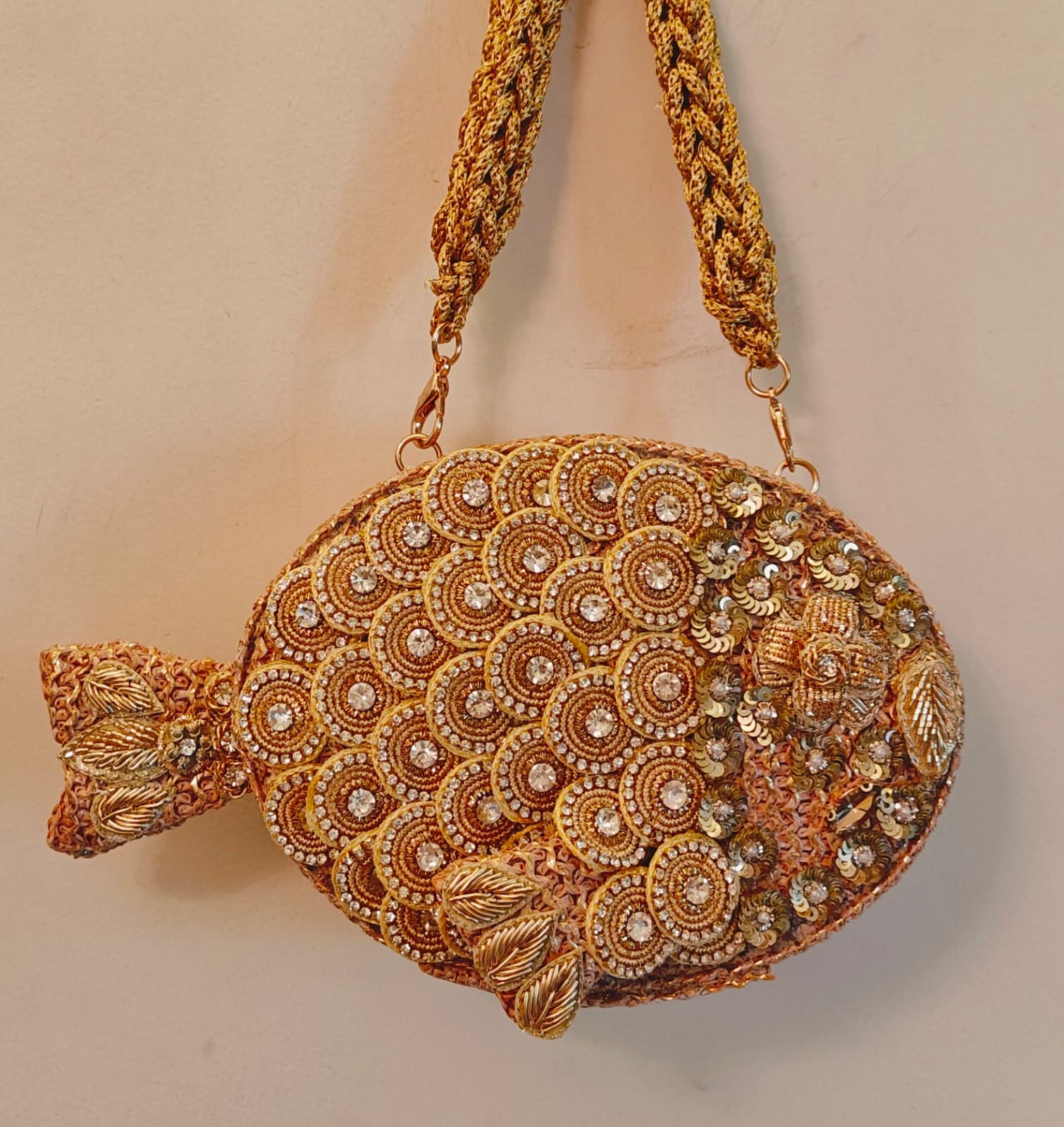 Gold Zardozi Fish Clutch/purse/sling. Hand embroidered with love