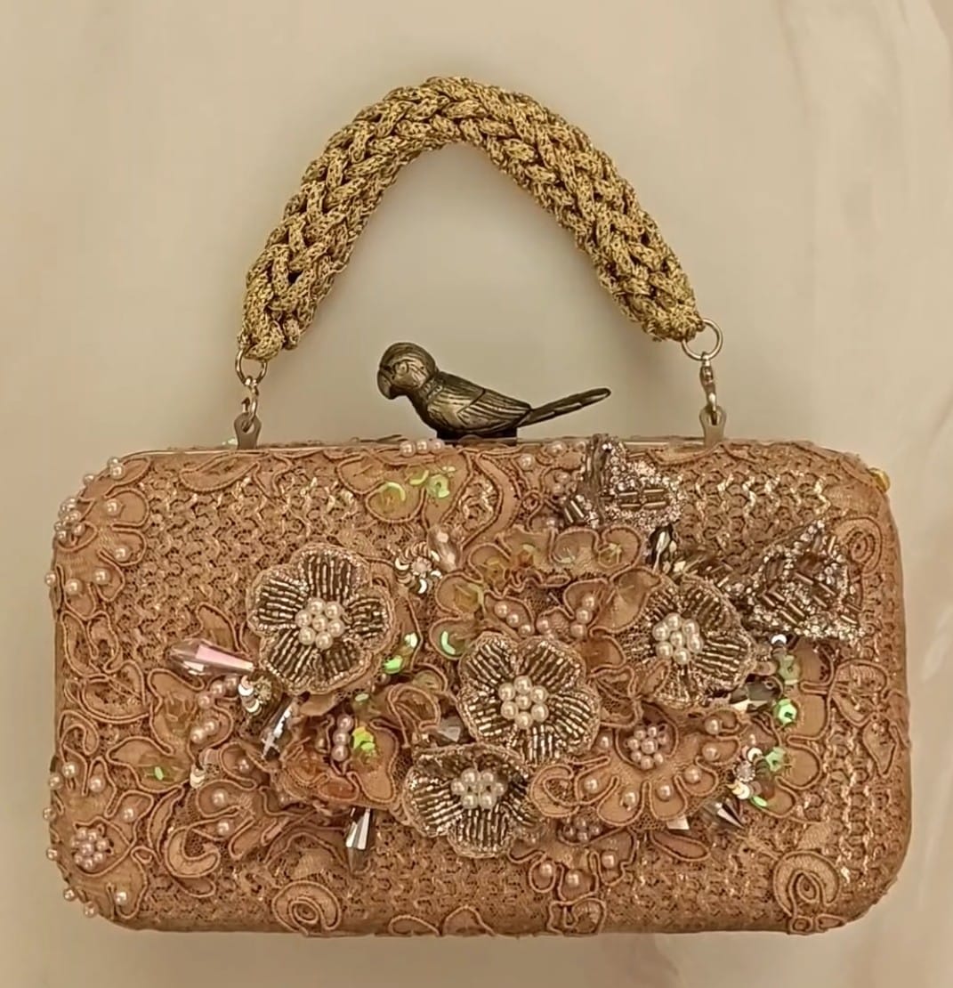 Rose Gold lace and applique clutch/purse with pearl and diamond embroidery set