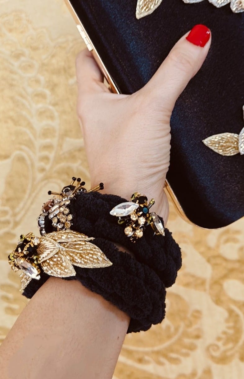 Luxurious Black velvet yarn entwined together with a french weave