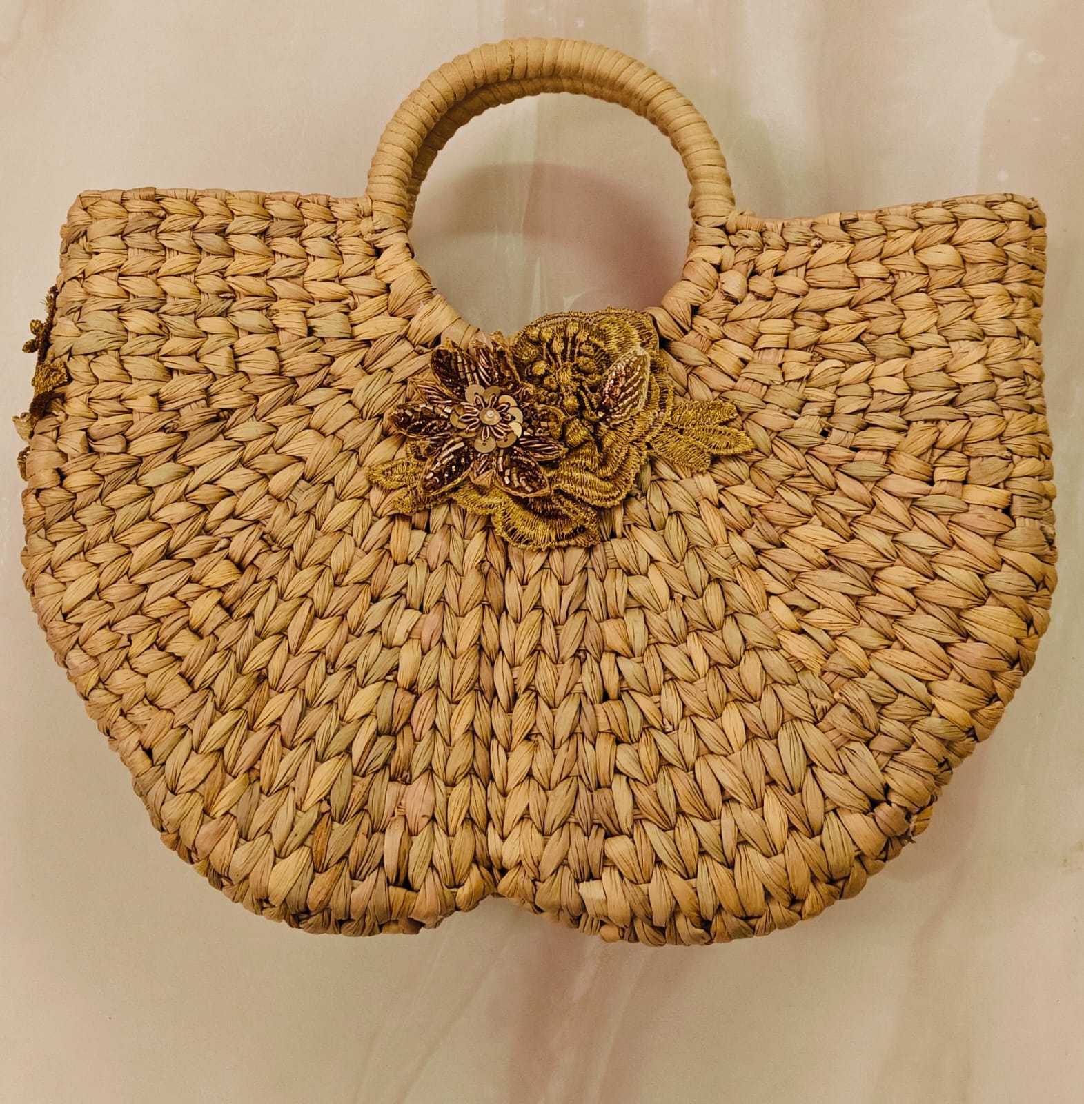 Cane box purse with white and gold 3D applique hand embroidery