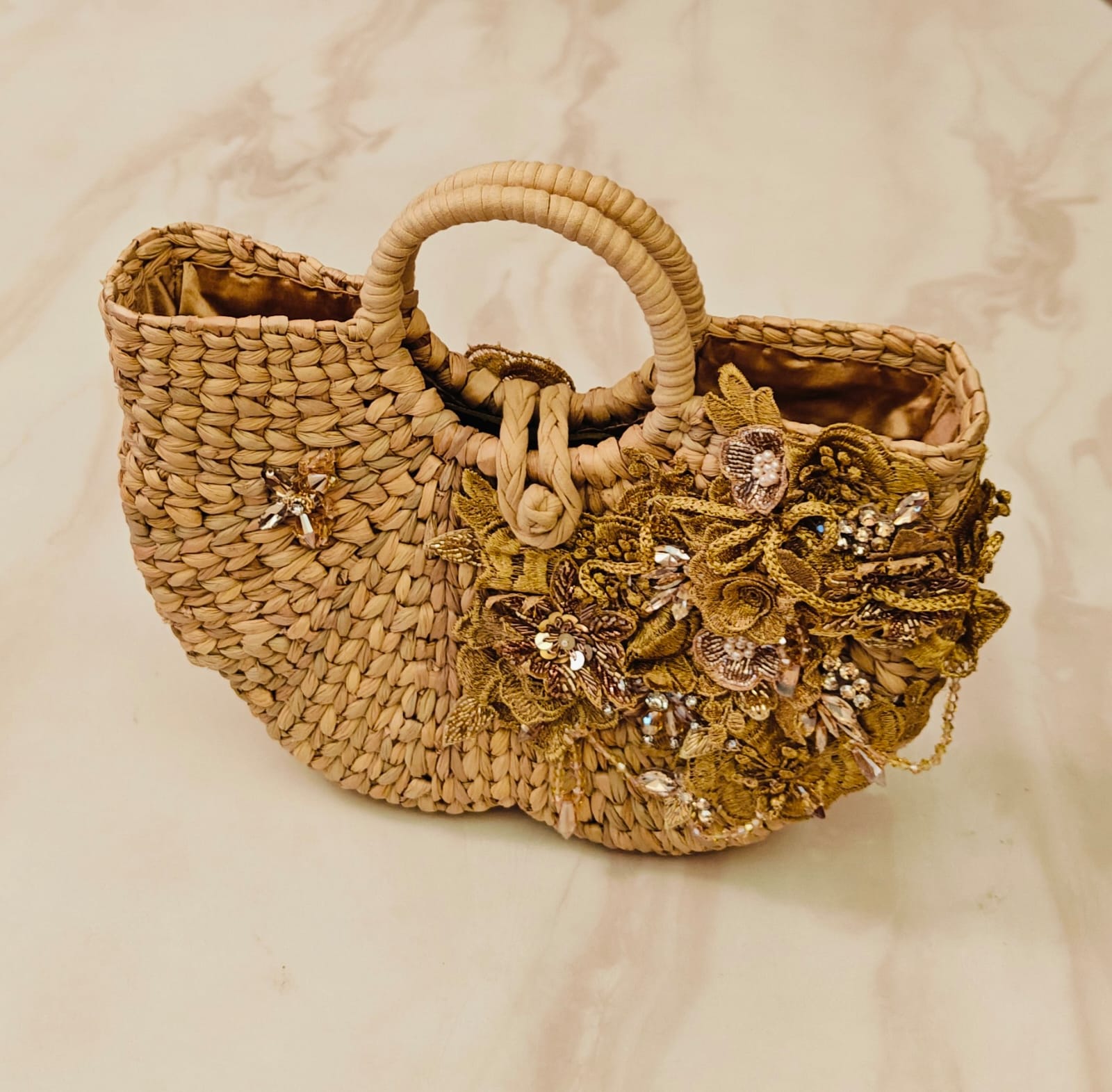 Cane box purse with white and gold 3D applique hand embroidery