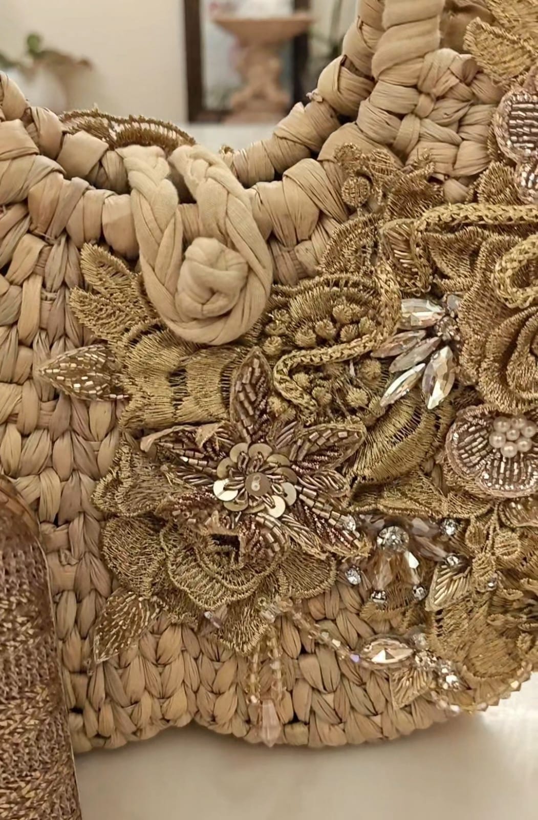 Cane box purse with white and gold 3D applique hand embroidery