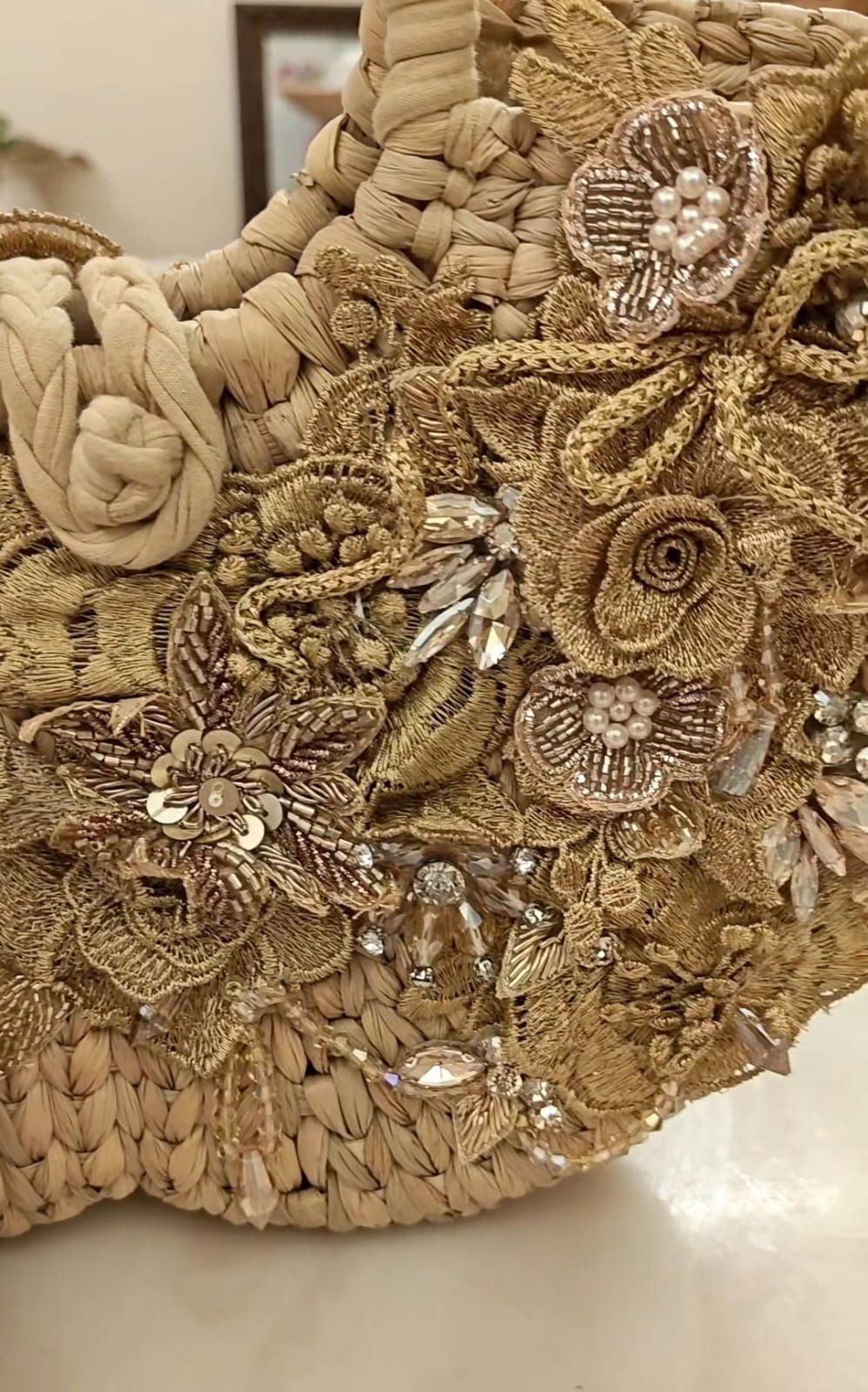 Cane box purse with white and gold 3D applique hand embroidery