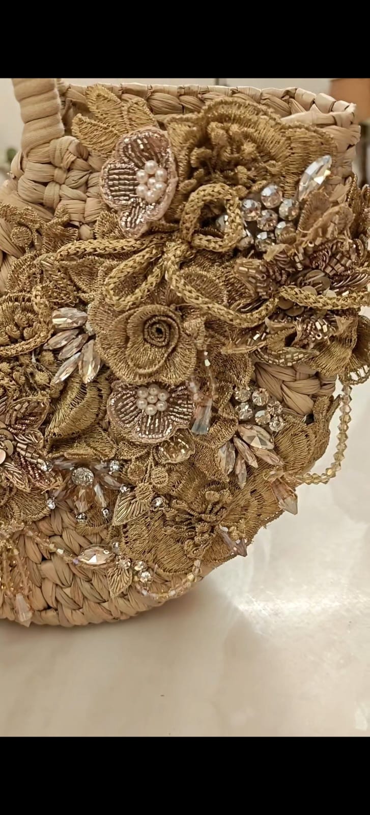 Cane box purse with white and gold 3D applique hand embroidery