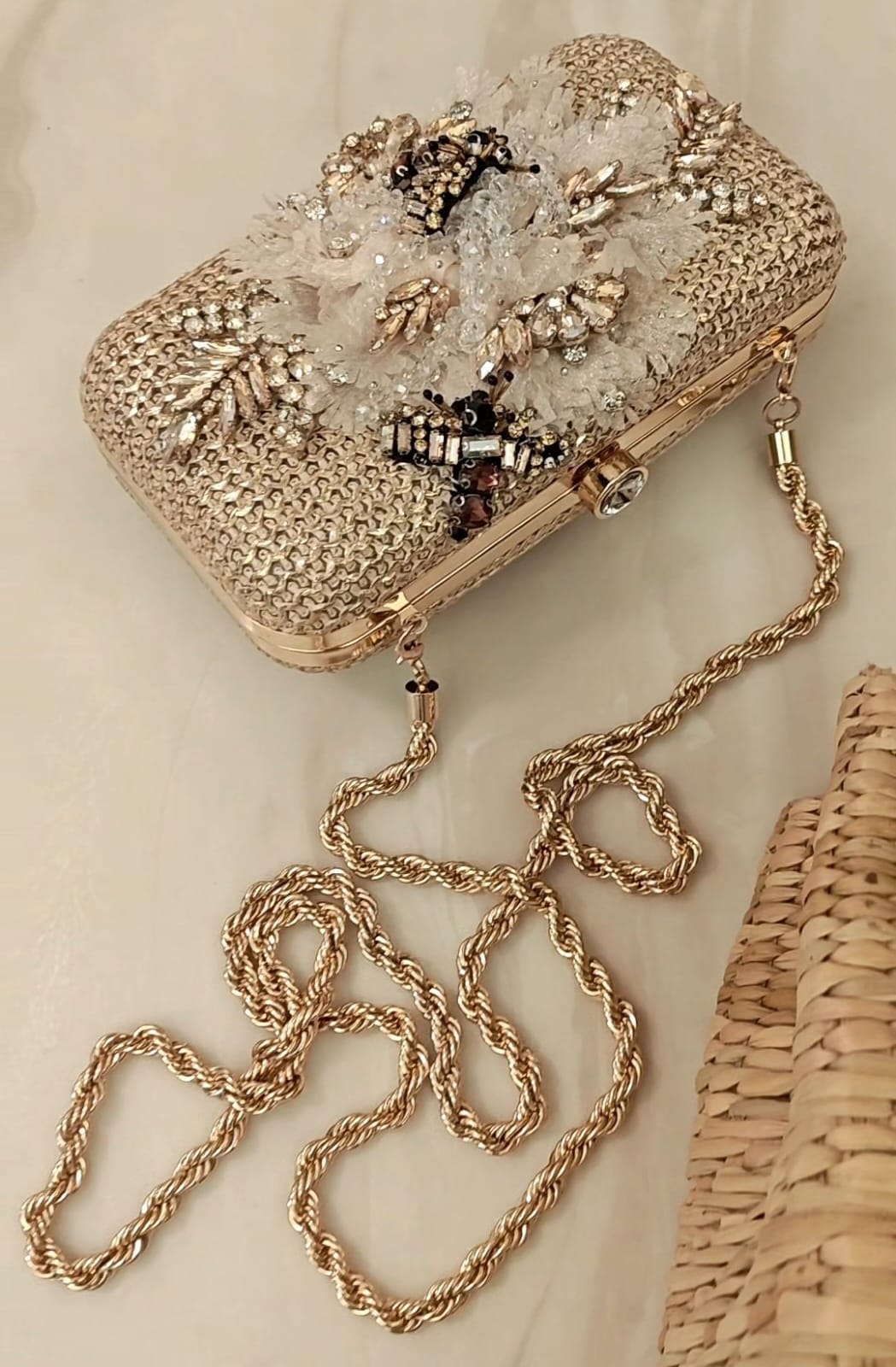 Blonde gold clutch/sling with dainty diamond hand embroidery