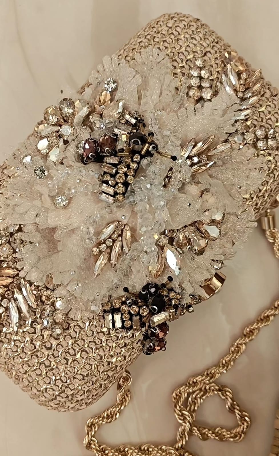 Blonde gold clutch/sling with dainty diamond hand embroidery