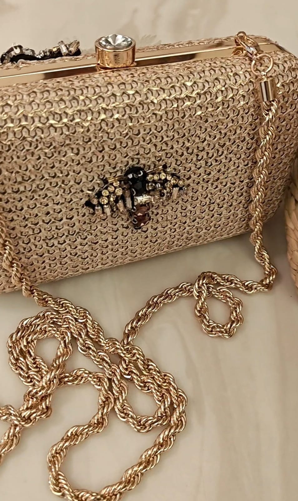 Blonde gold clutch/sling with dainty diamond hand embroidery
