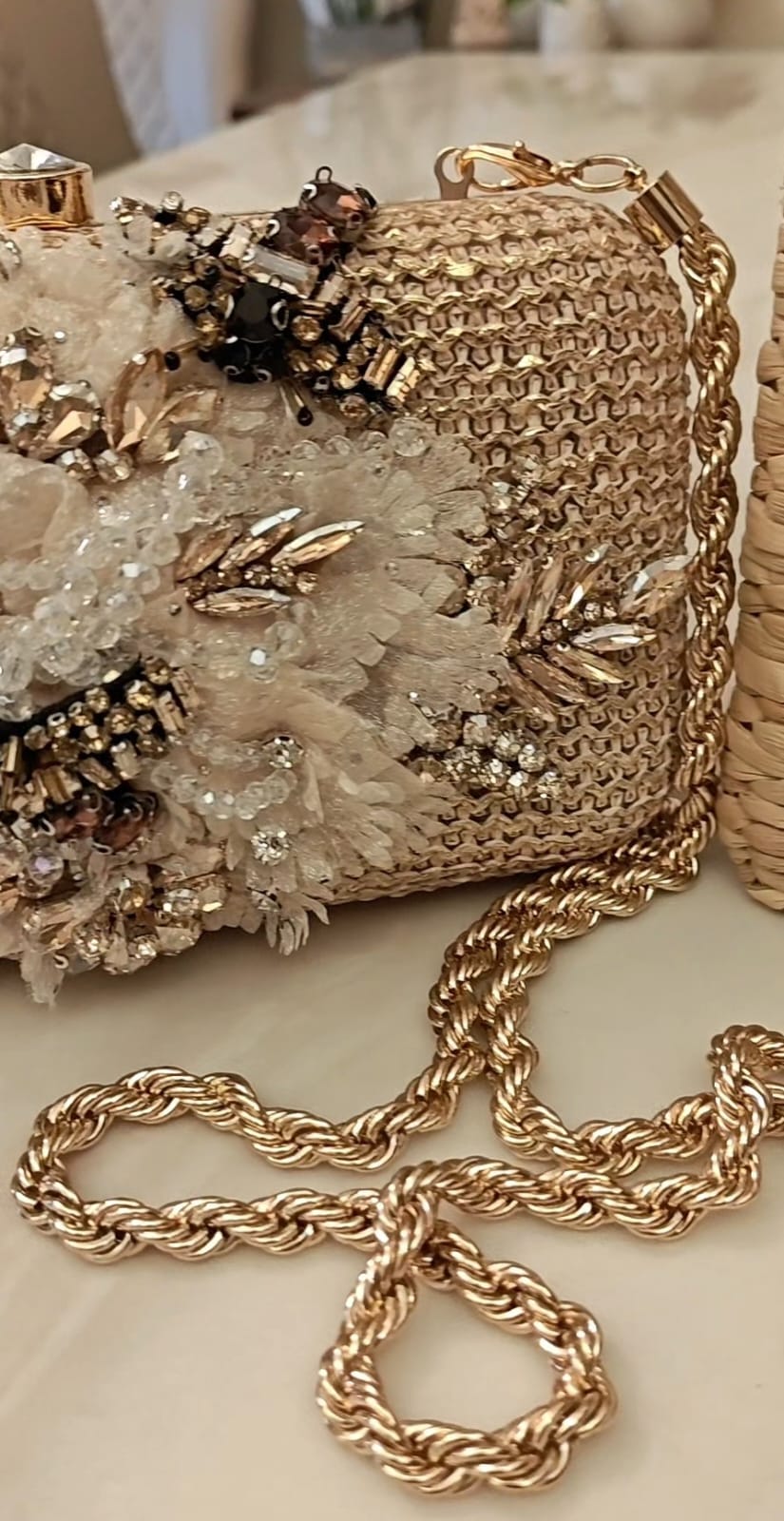 Blonde gold clutch/sling with dainty diamond hand embroidery
