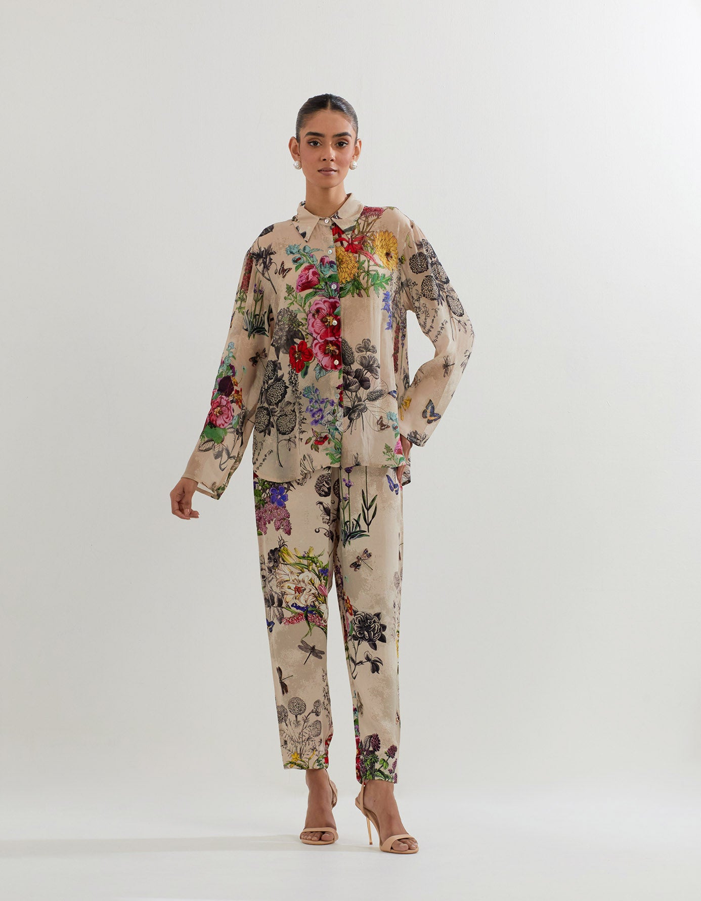 Crepe shirt in botanical print paired with heavy georgette pants
