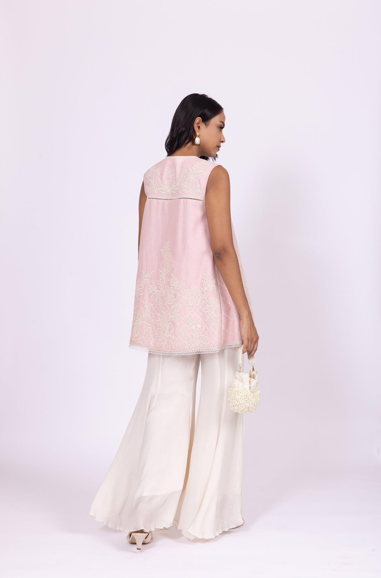 Pearl-Embellished Floral Pink Tunic & Shimmering Sharara