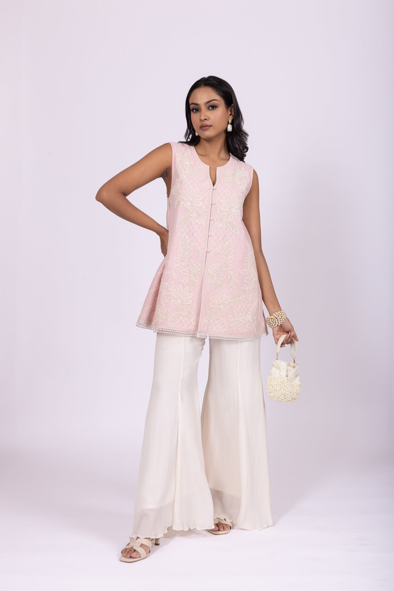 Pearl-Embellished Floral Pink Tunic & Shimmering Sharara