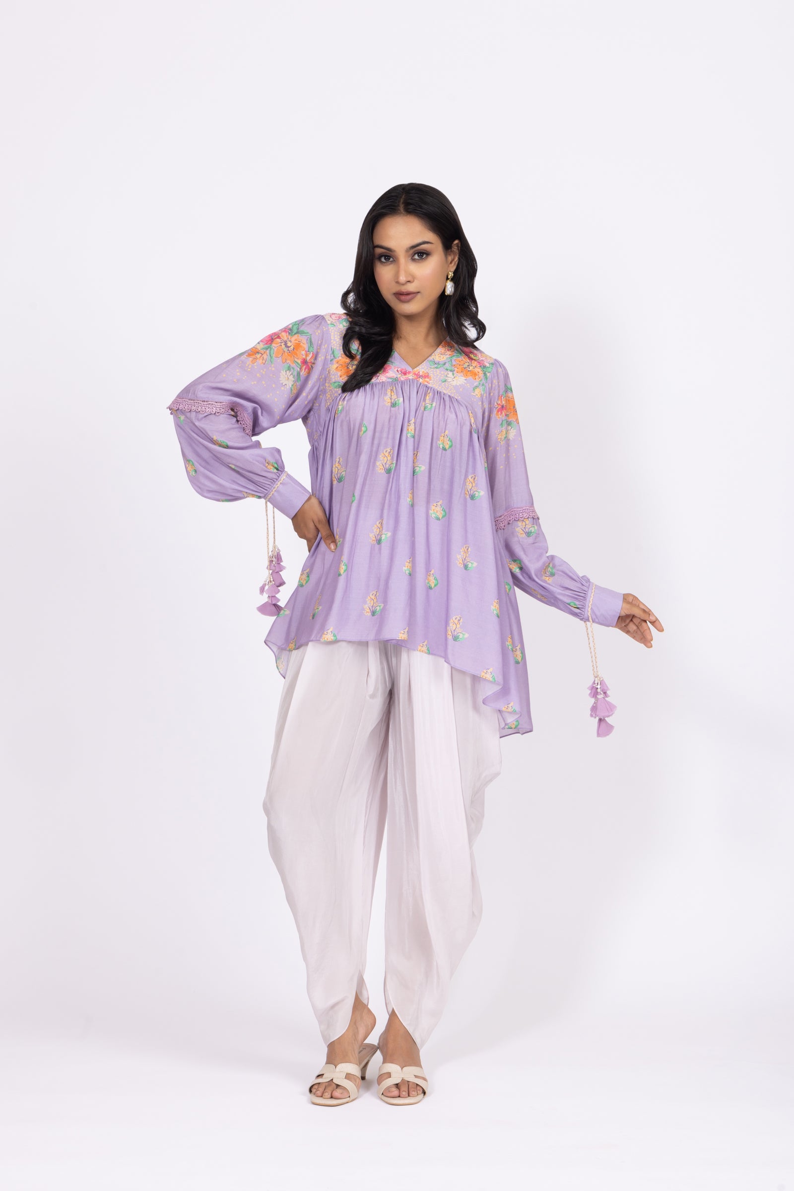 Floral Embellished Bamber Muslin Top with Lilac Crepe Dhoti