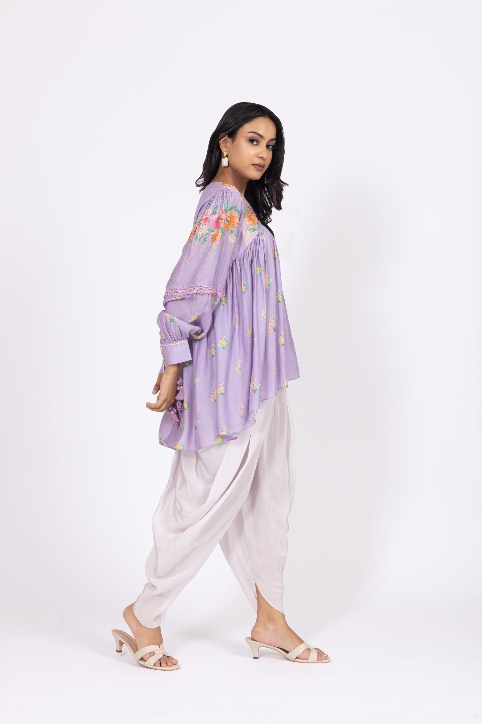 Floral Embellished Bamber Muslin Top with Lilac Crepe Dhoti