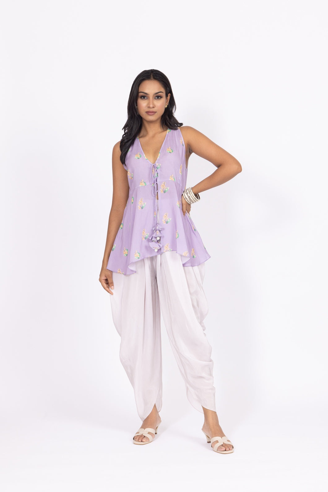 Sleeveless Peplum Top with White Draped Dhoti Pants