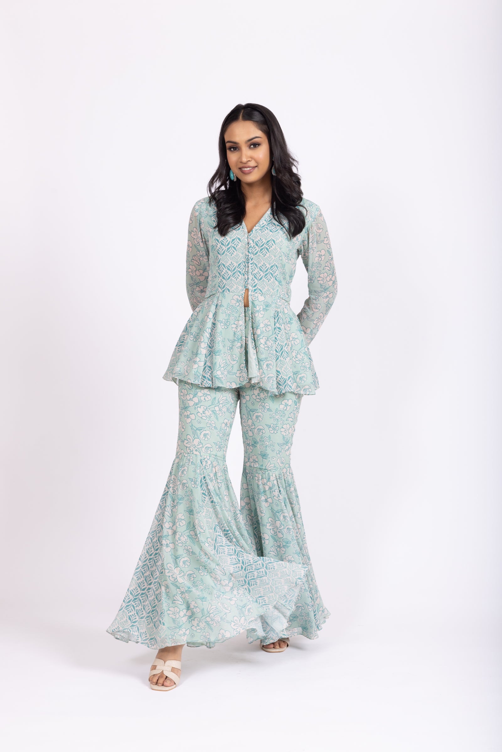 Cyan Floral Peplum Top with Matching Sharara