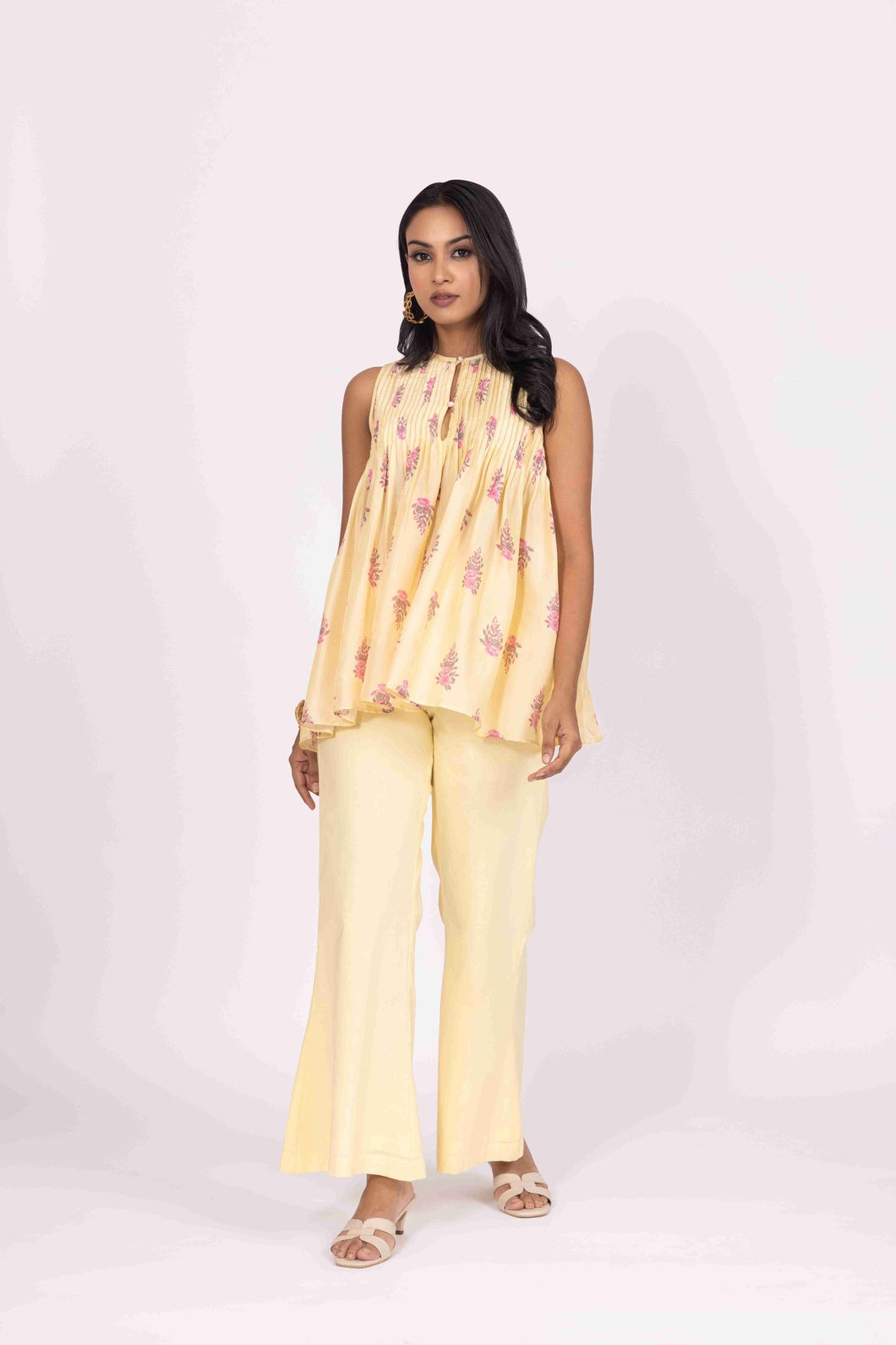 Lemon Yellow Floral Printed Sleeveless Co-Ord Set