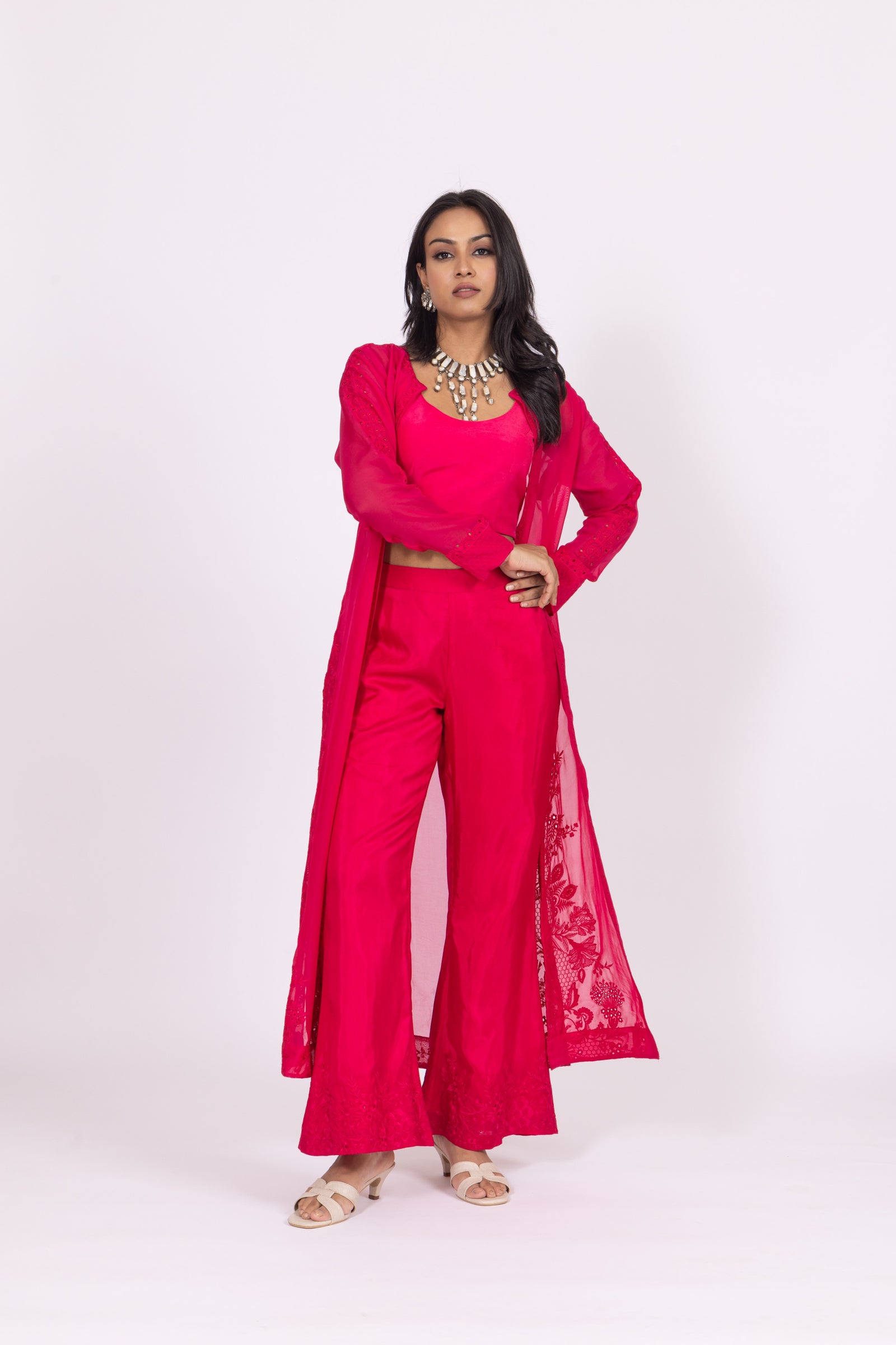 Raspberry Pink Silk Embroidered Organza Jacket Set