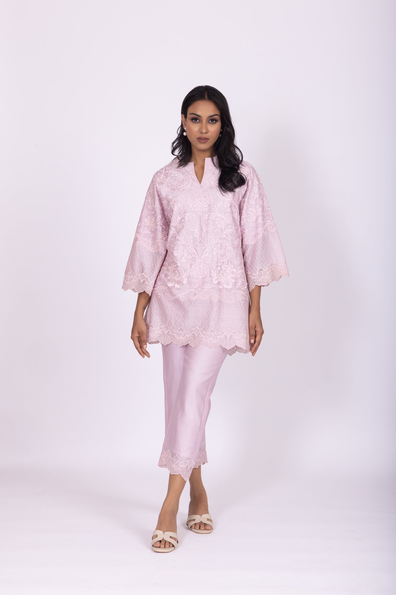 Lilac Chanderi Embroidered Kurta Set