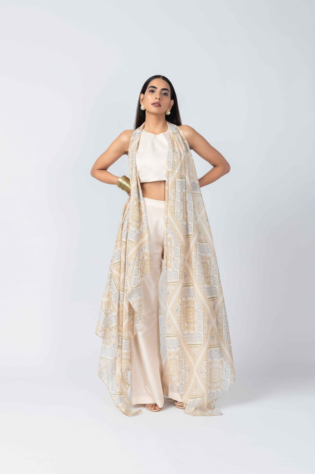 Ivory Silk Ensemble with Printed Organza Jacket & Palazzo