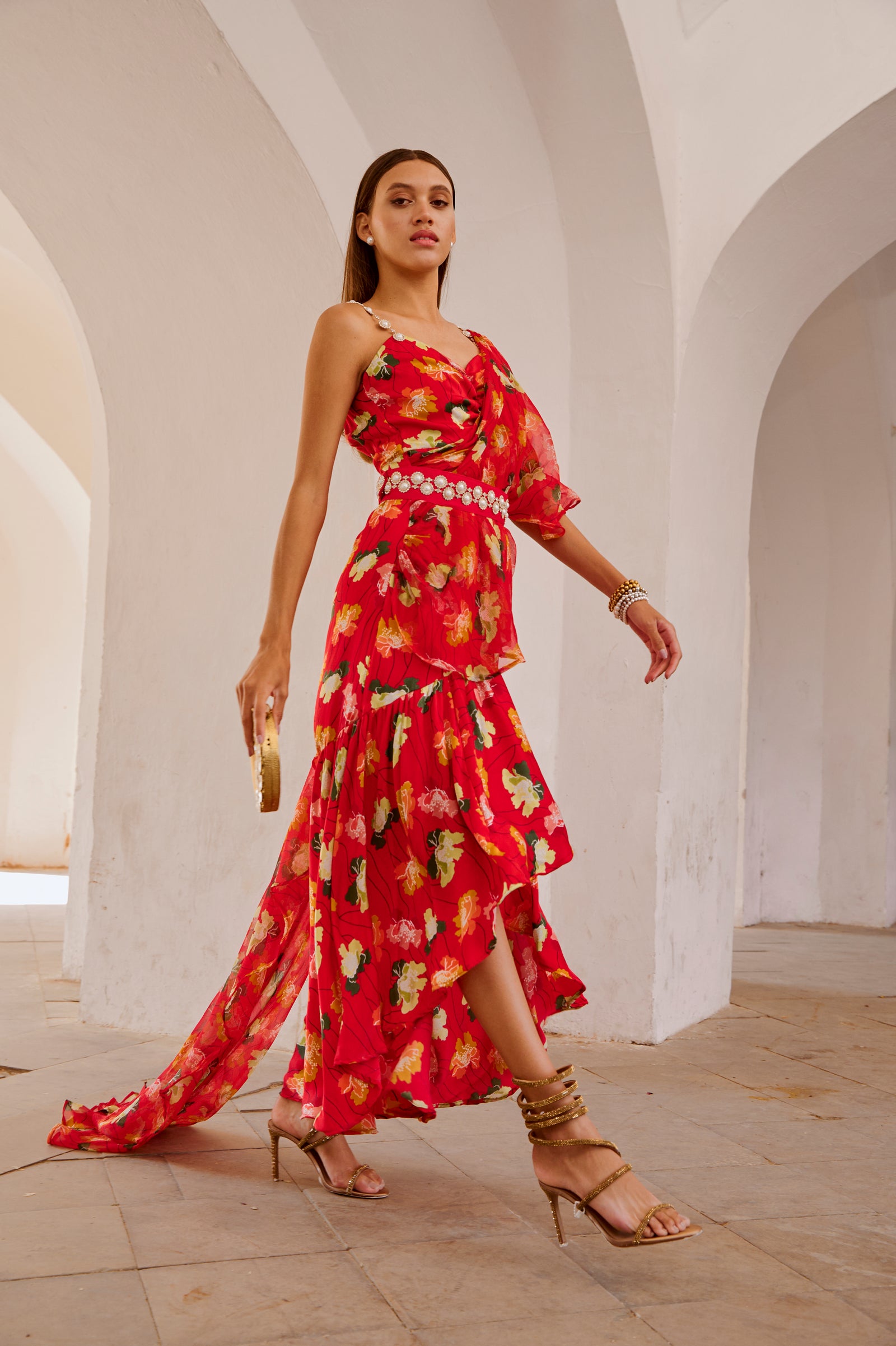 Chilly red poppy gul dress drape saree with belt