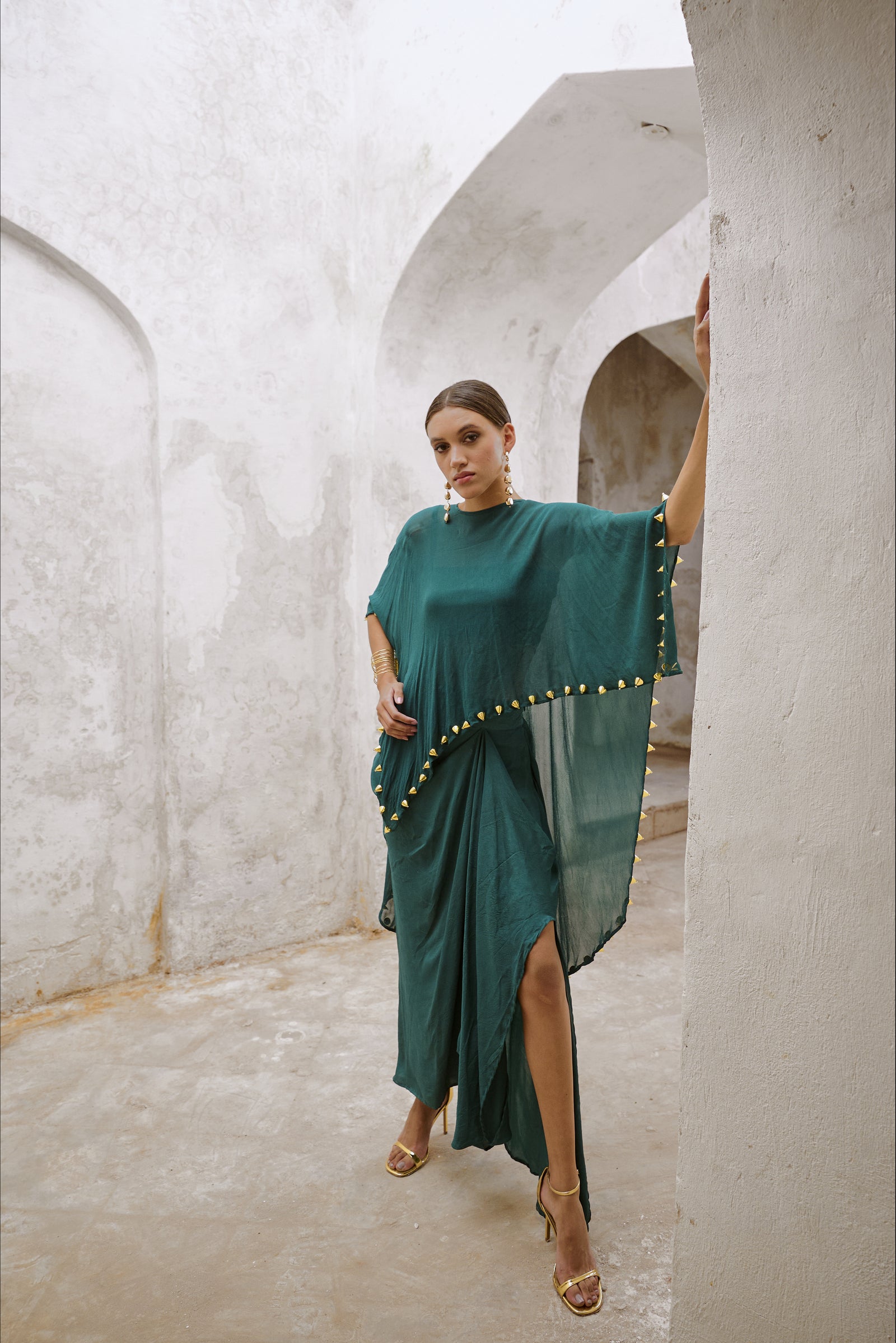 Gulbahar Bottle green bell cape and drape skirt set