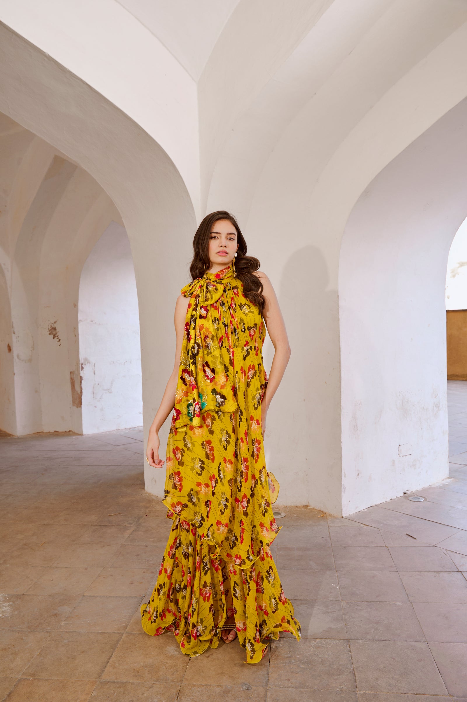 Gulbahar Bumble bee green halter maxi with seperate bow set.