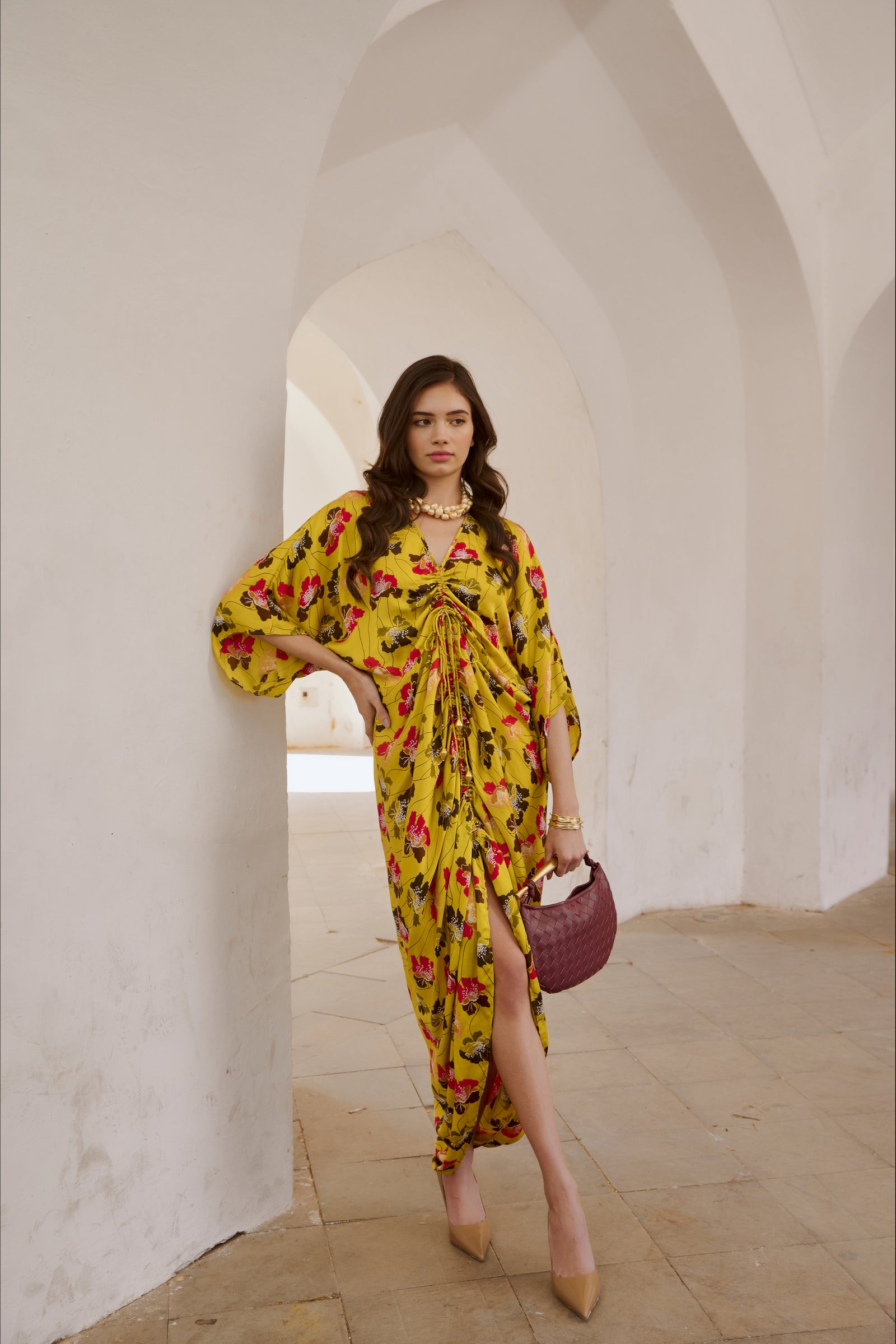 Gulbahar drawstring poppy kaftan dress