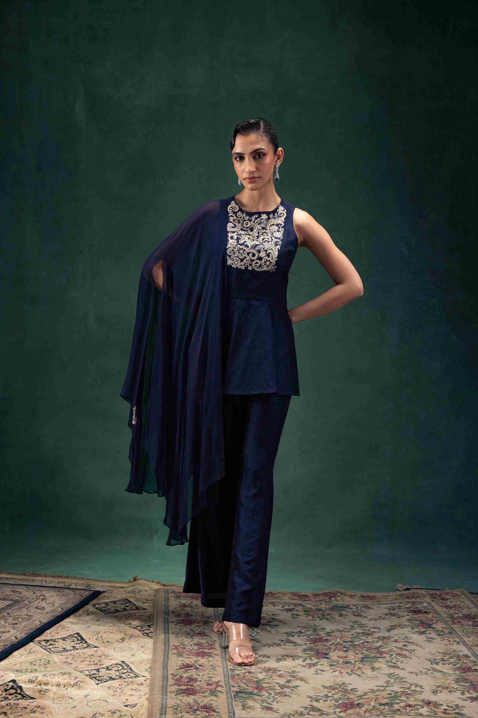 Raw Silk Top with Georgette Cape and Straight Palazzo Pants