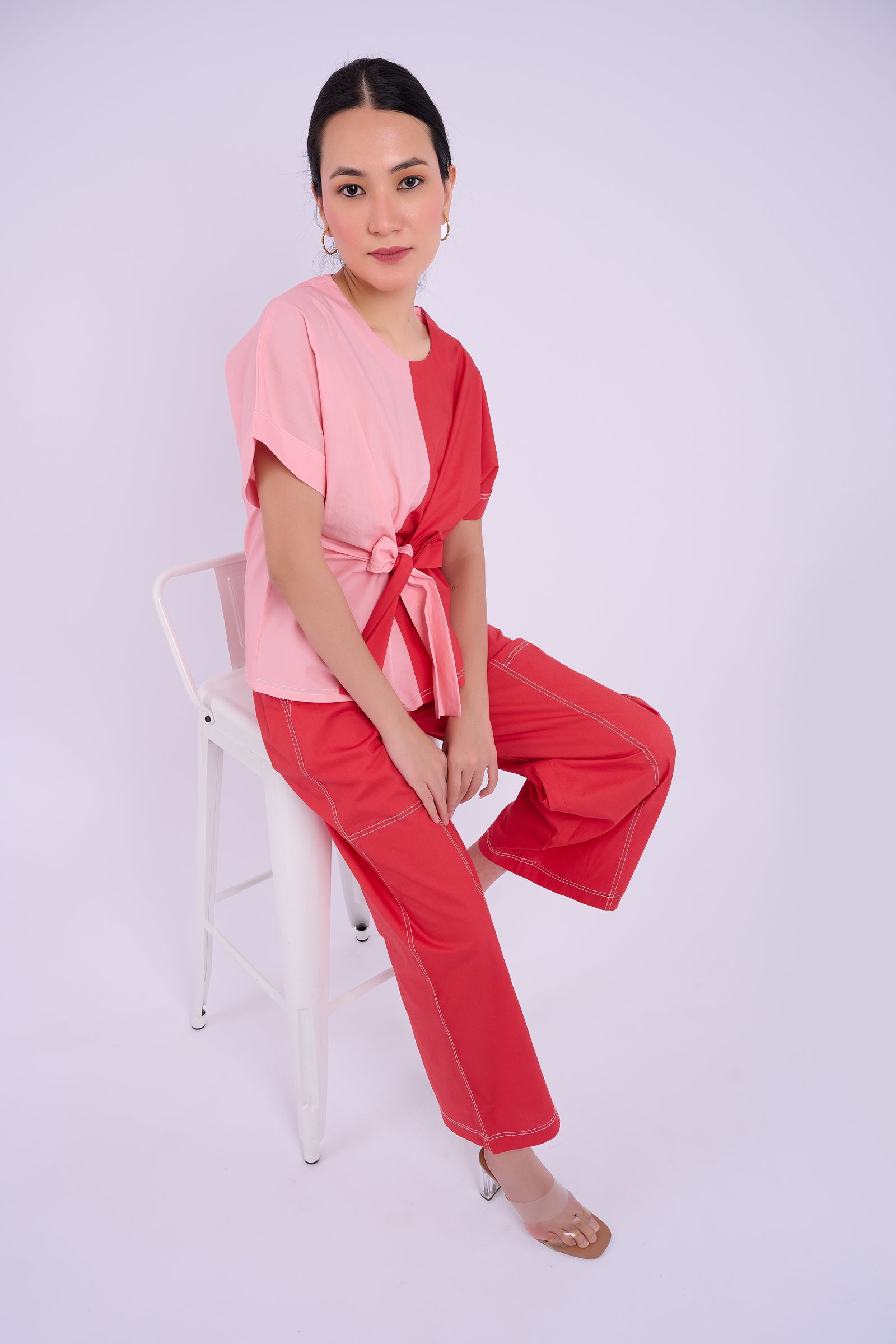 Nadine Tie Top - Red and Light Pink