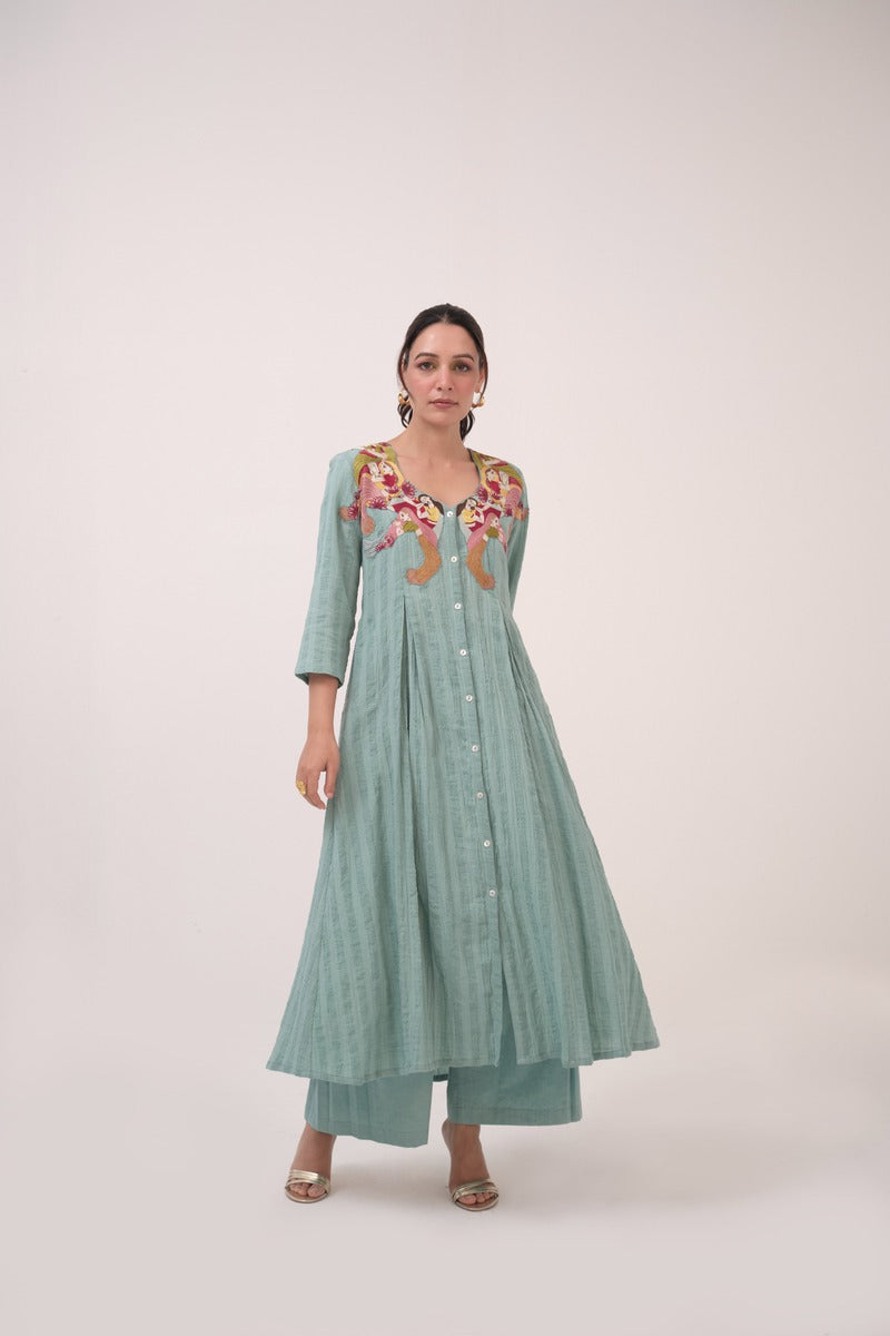 Hand-Embroidered Panelled Kurta Set
Teal