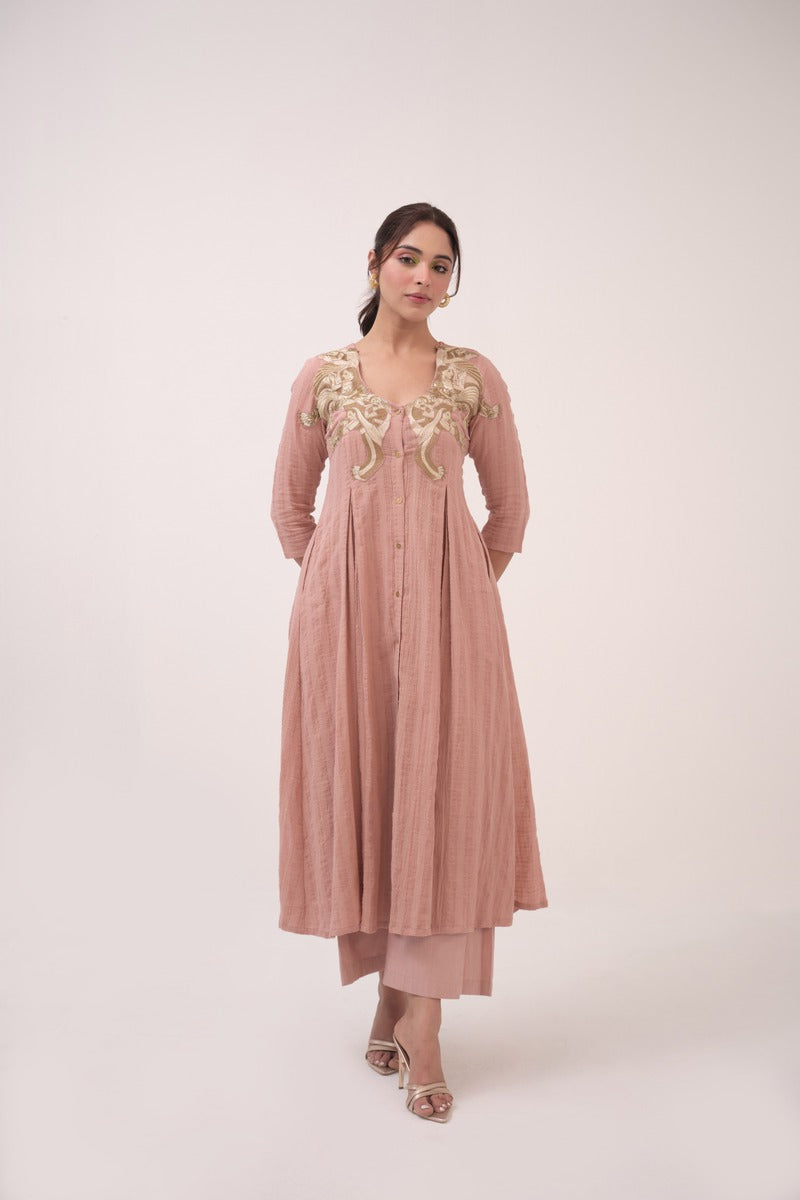 Hand-Embroidered Panelled Kurta Set Pastel Pink