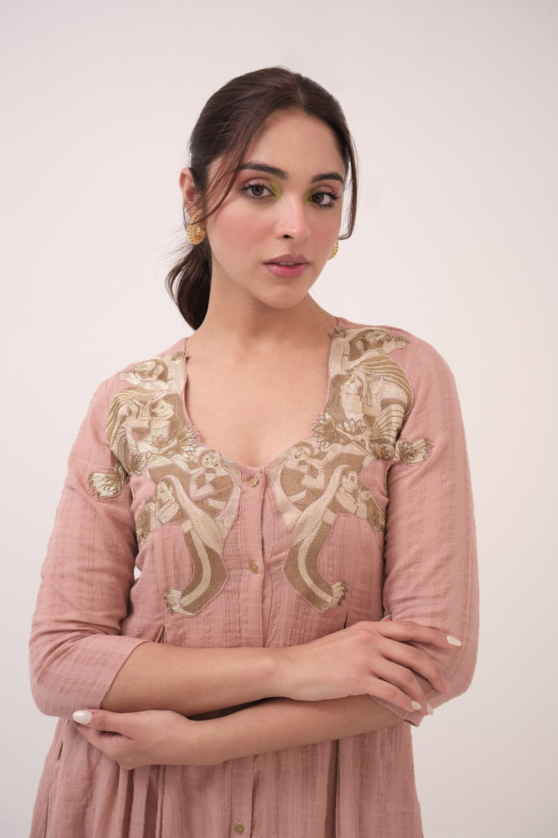 Hand-Embroidered Panelled Kurta Set Pastel Pink
