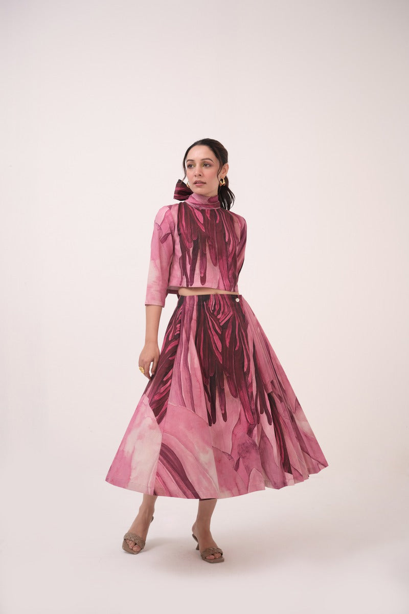 Watercolour Lotus Print Bow Tie Top & Wrap Around Skirt Mulberry Pink