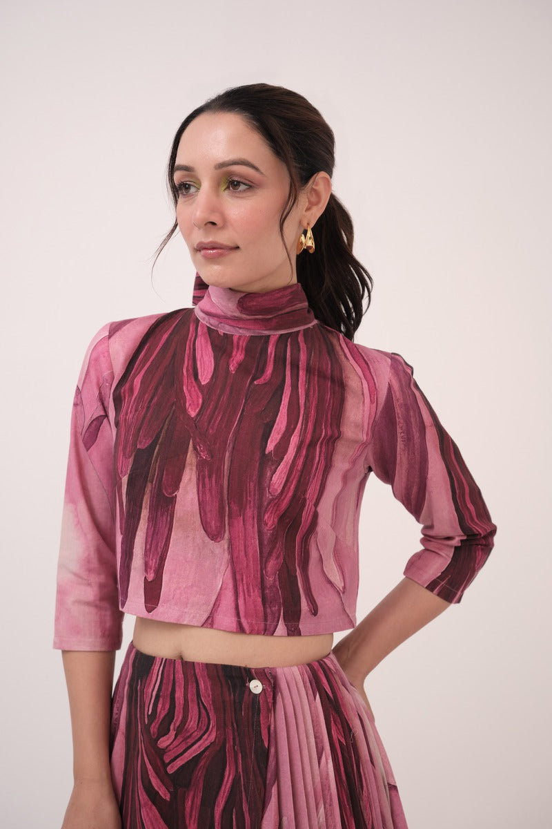 Watercolour Lotus Print Bow Tie Top & Wrap Around Skirt Mulberry Pink