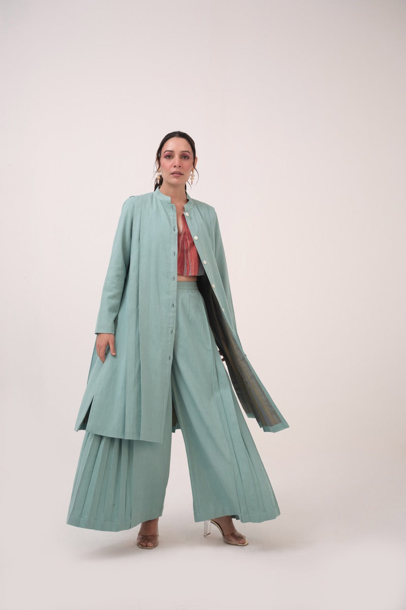 Pleated Denim Jacket Teal