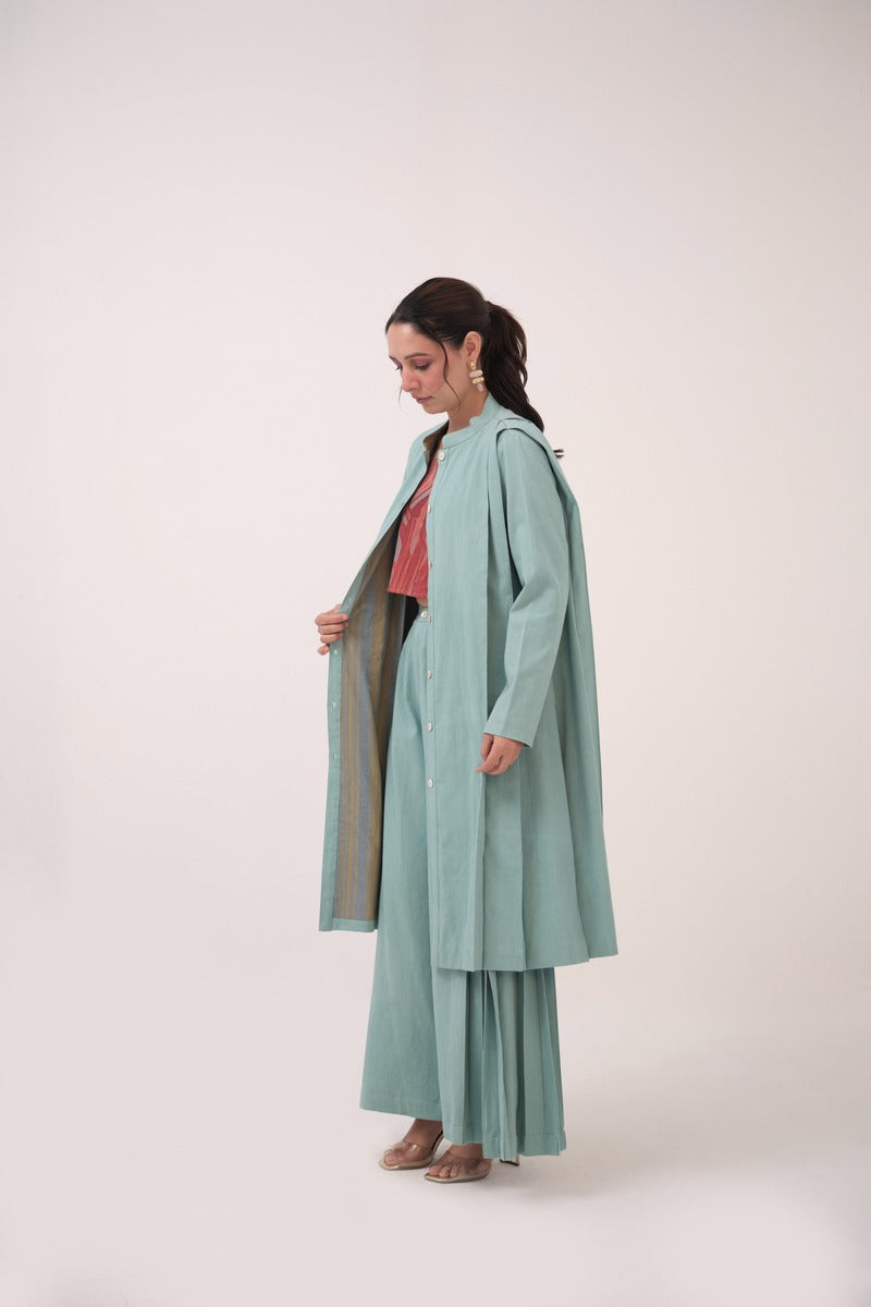 Pleated Denim Jacket Teal