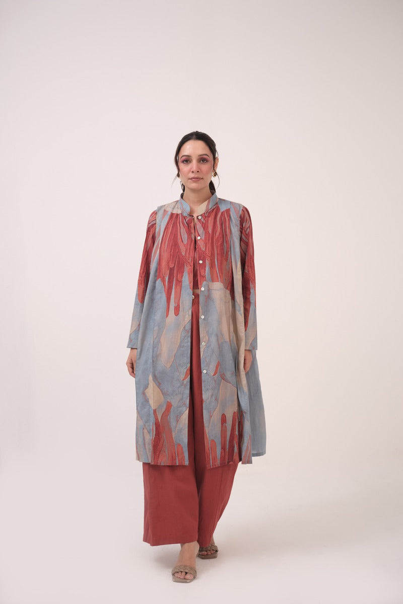 Watercolour Lotus Print Pleated Jacket  Teal