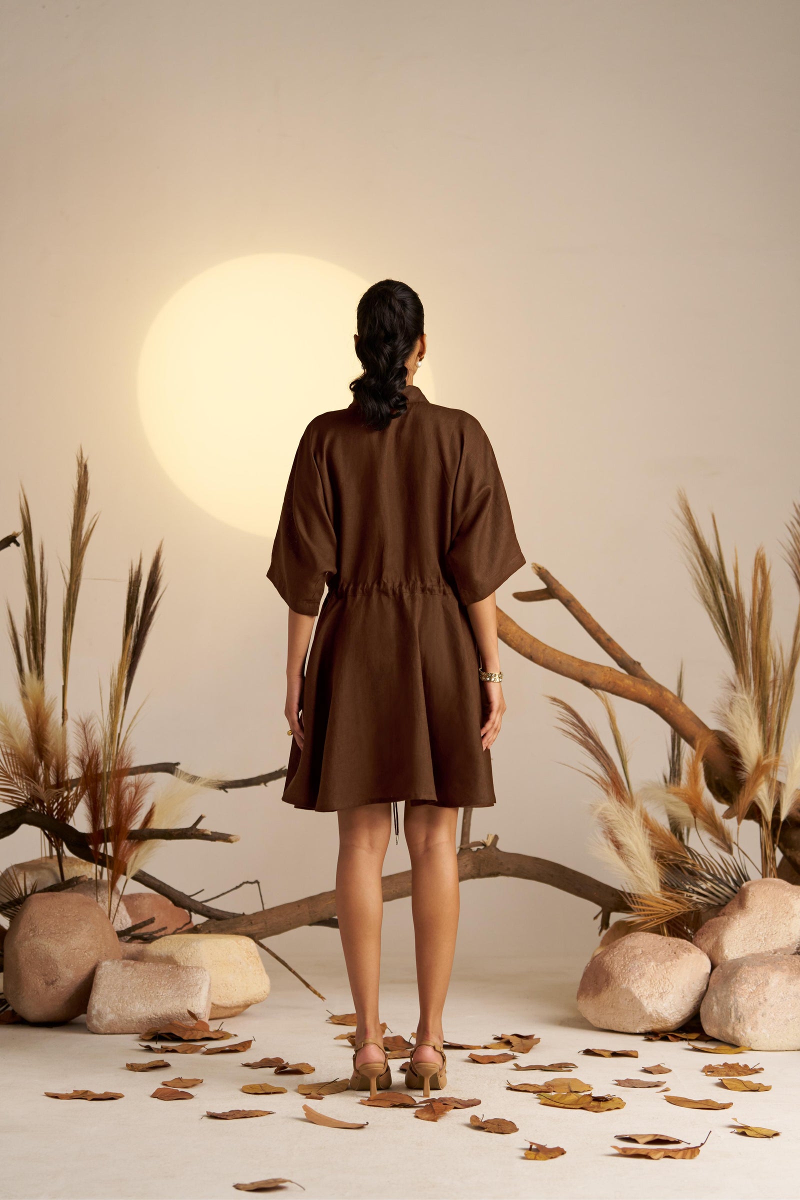 A Relaxed And Stylish Sepia Oversized Shirt Dress, Designed With A Comfortable, Loose Fit For Effortless Chic