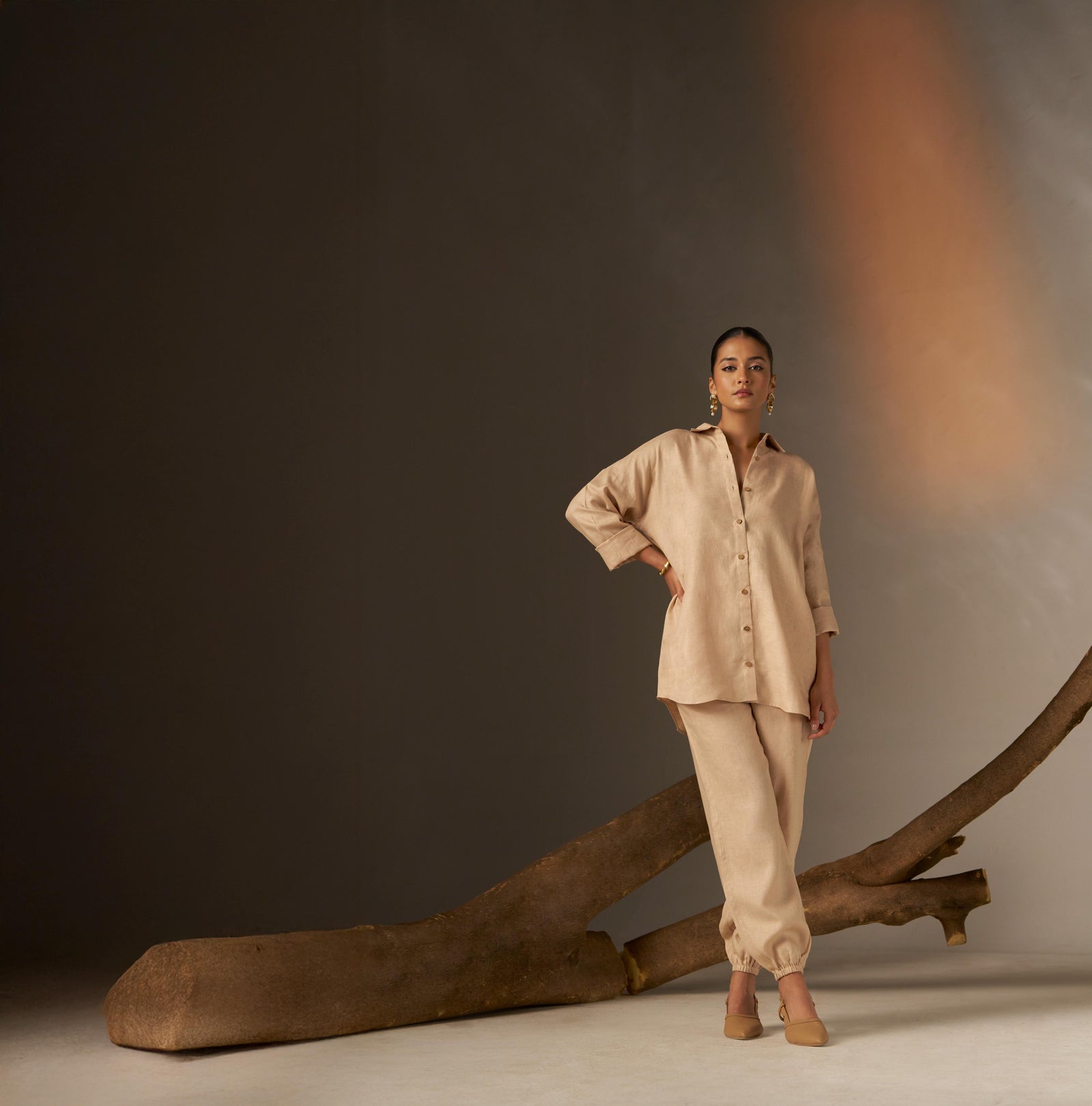 A Drop Shoulder Pant In A Soft Cosmic Latte Tone