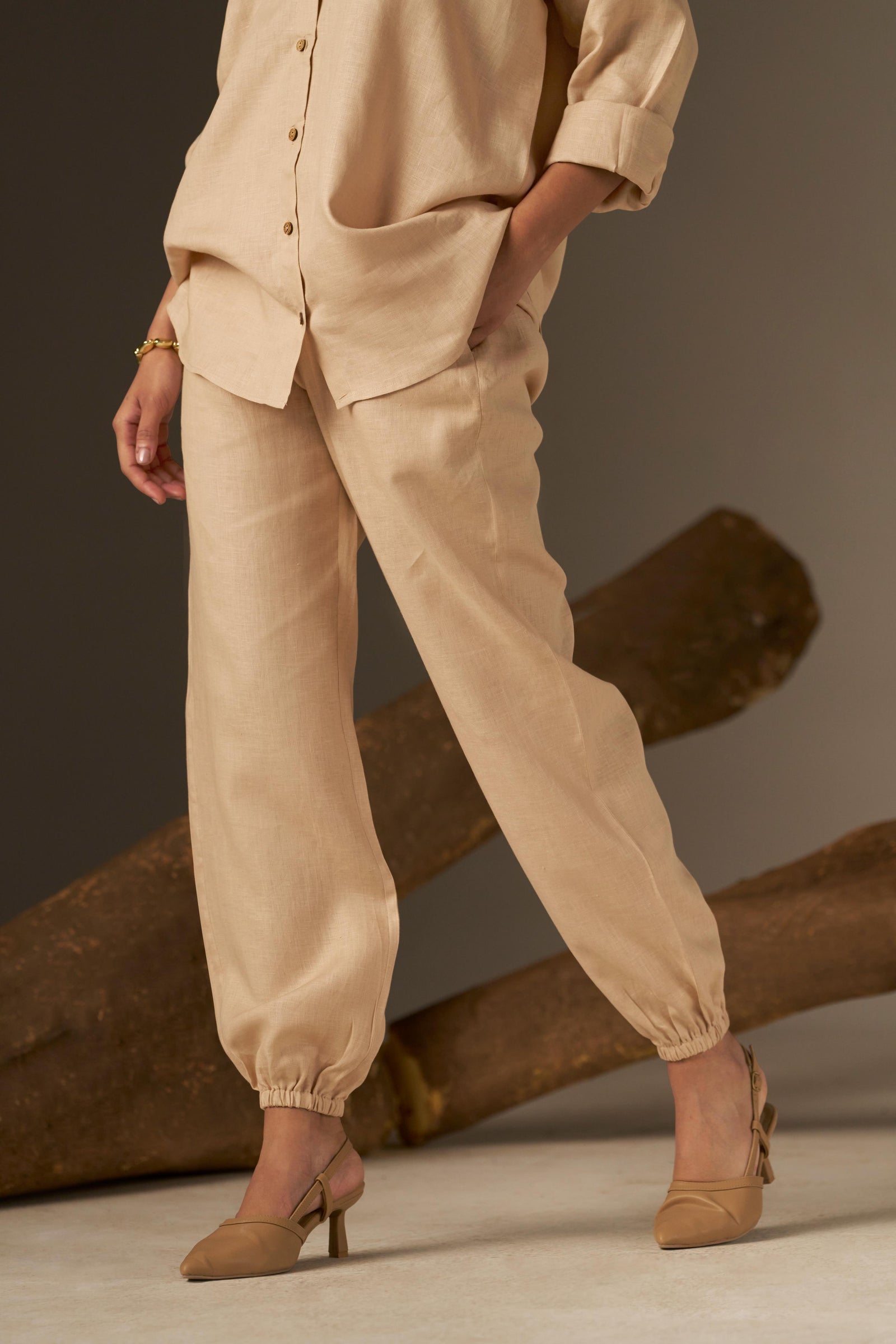 A Drop Shoulder Pant In A Soft Cosmic Latte Tone