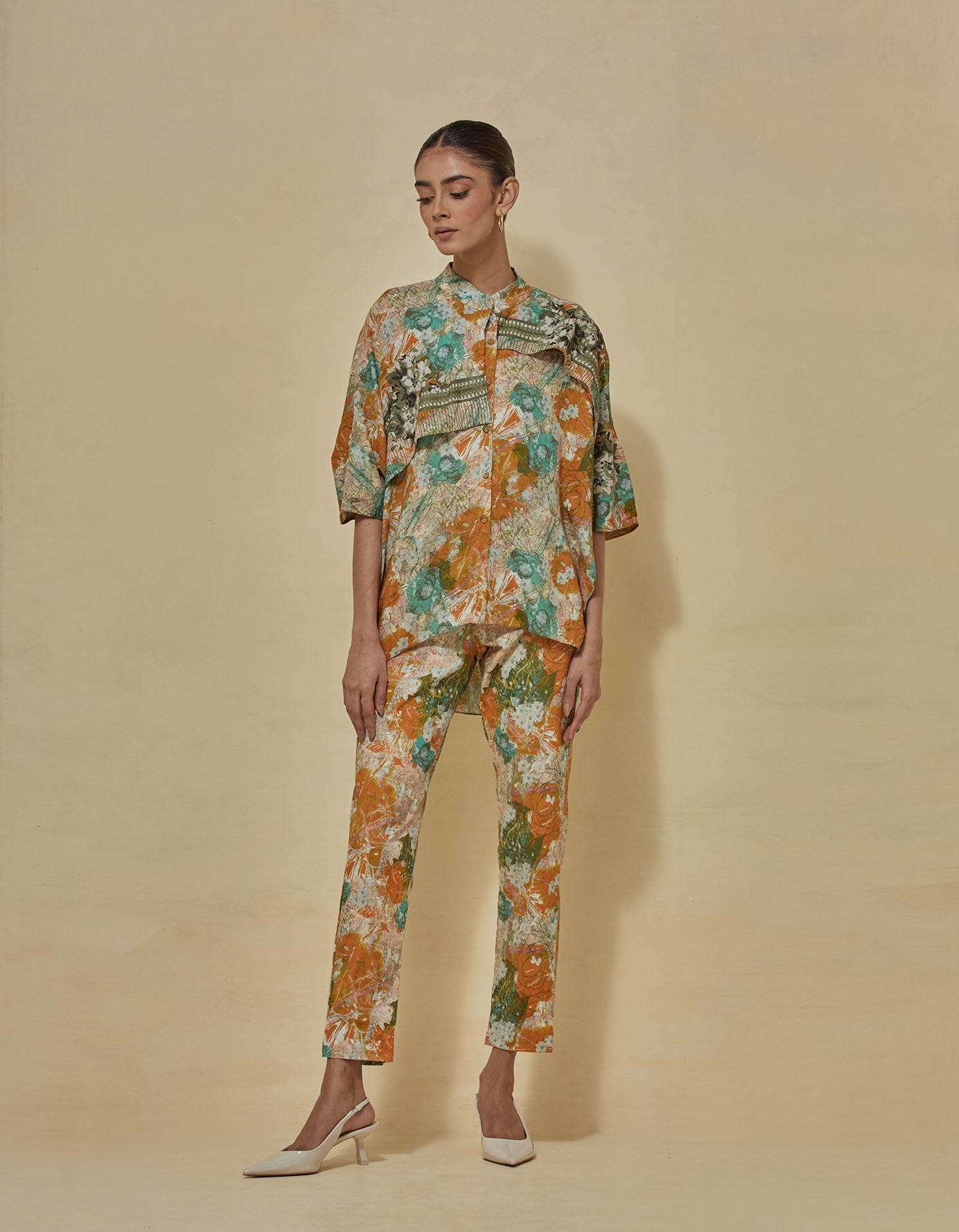 Printed shirt paired with stretch lycra printed slim pants