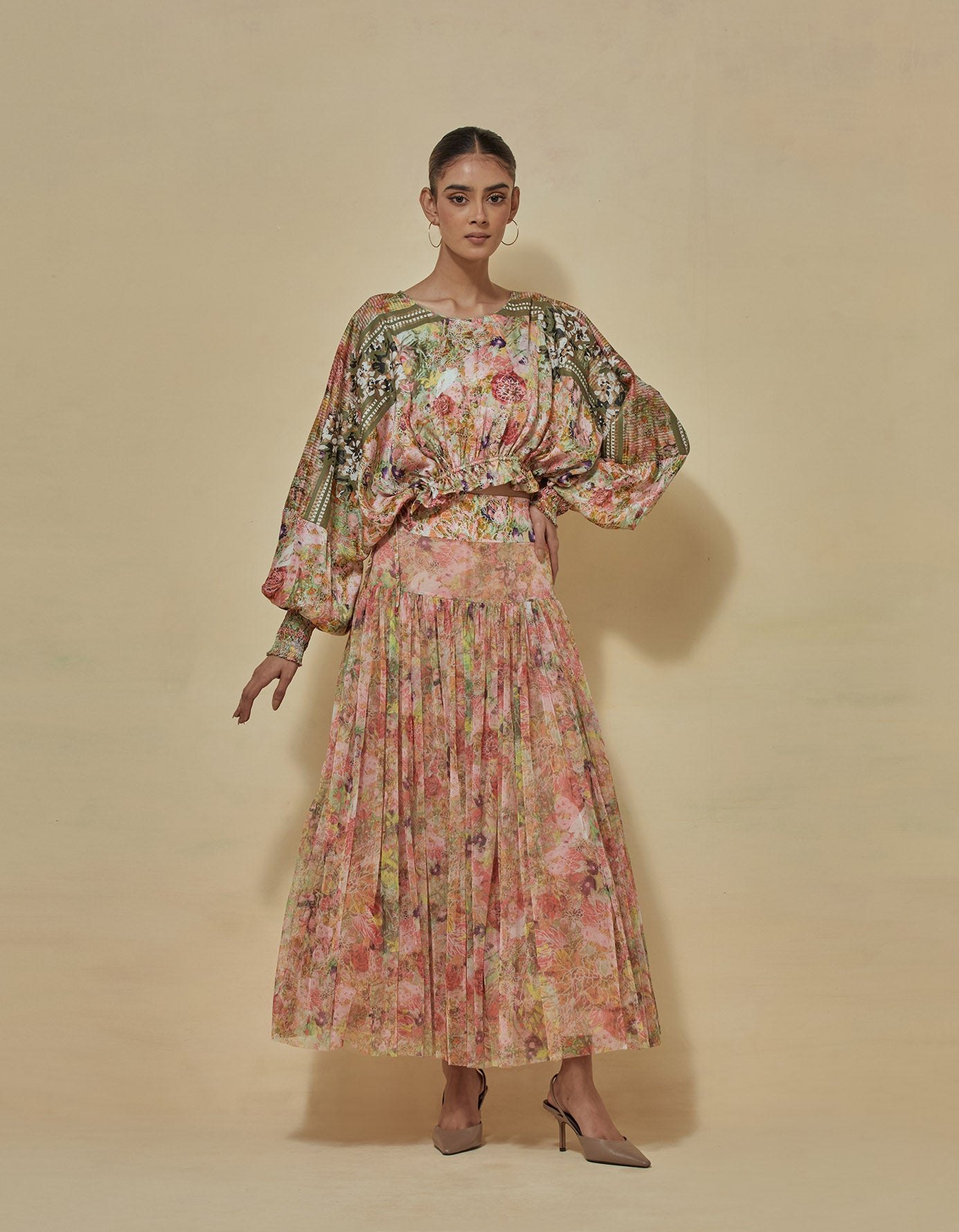 Crop printed top paired with printed gathered skirt in mesh