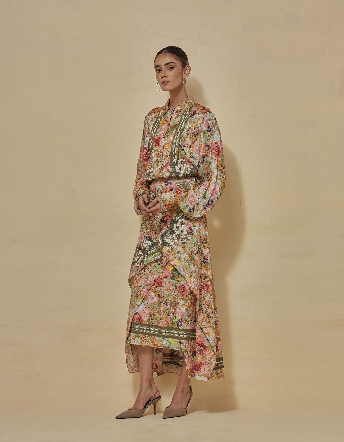 Cotton printed shirt paired with tiered cotton printed skirt