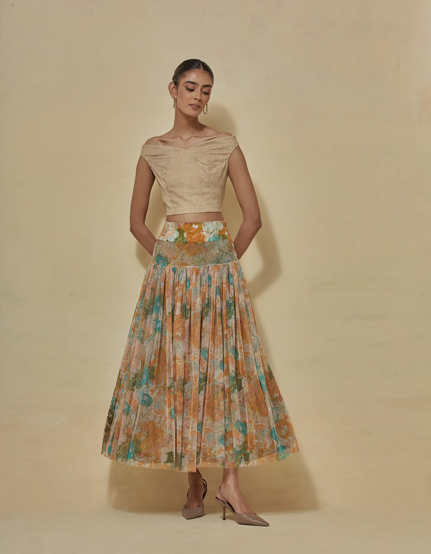 Off shoulder poplin lycra top with printed skirt with stretch lycra printed waist band