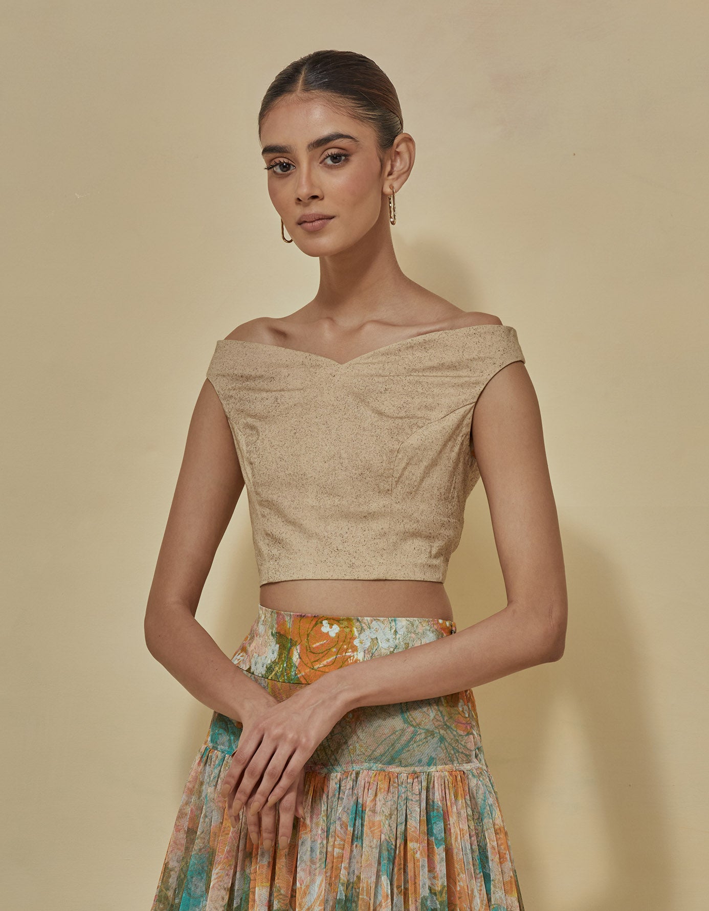 Off shoulder poplin lycra top with printed skirt with stretch lycra printed waist band