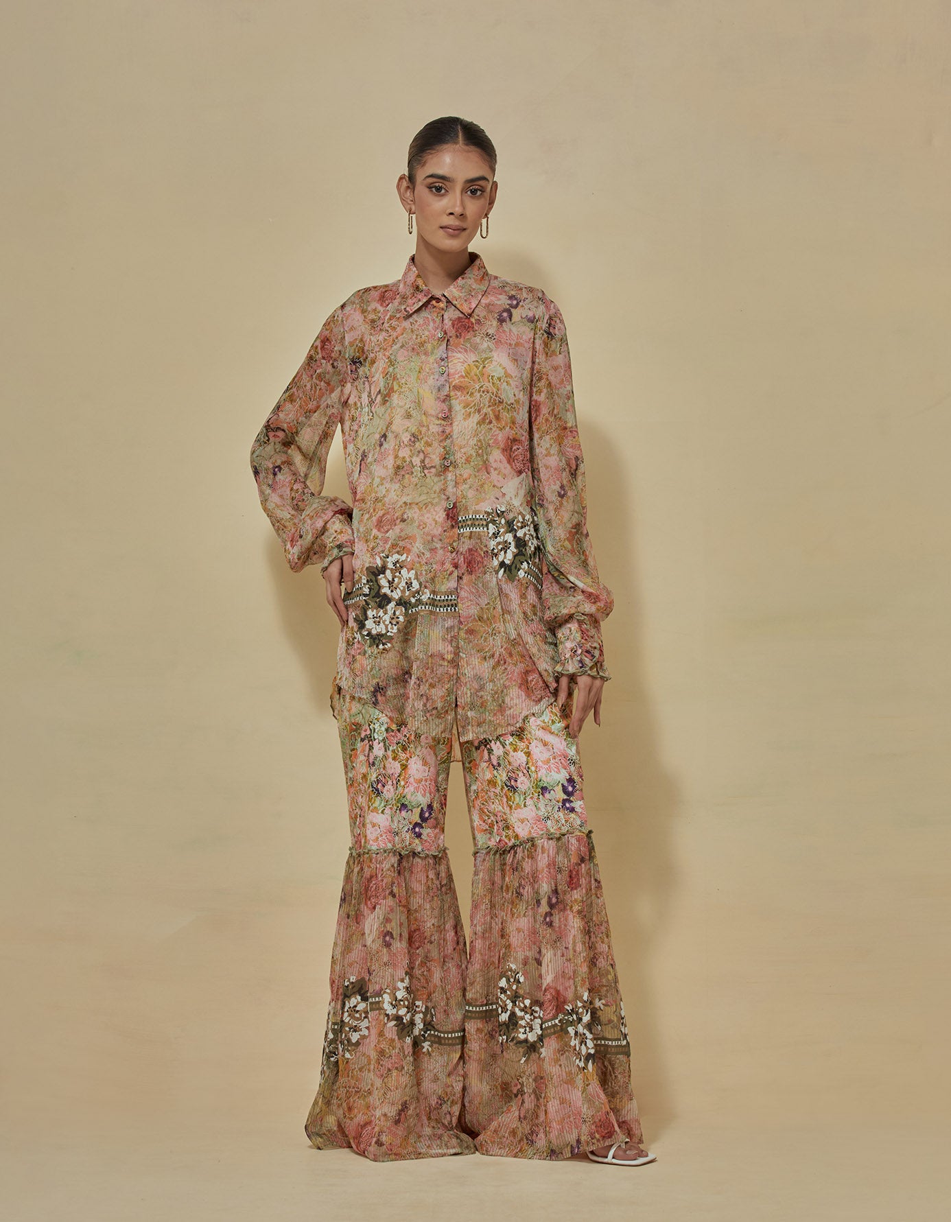 Chiffon printed shirt paired with flaired printed pants in lycra and chiffon