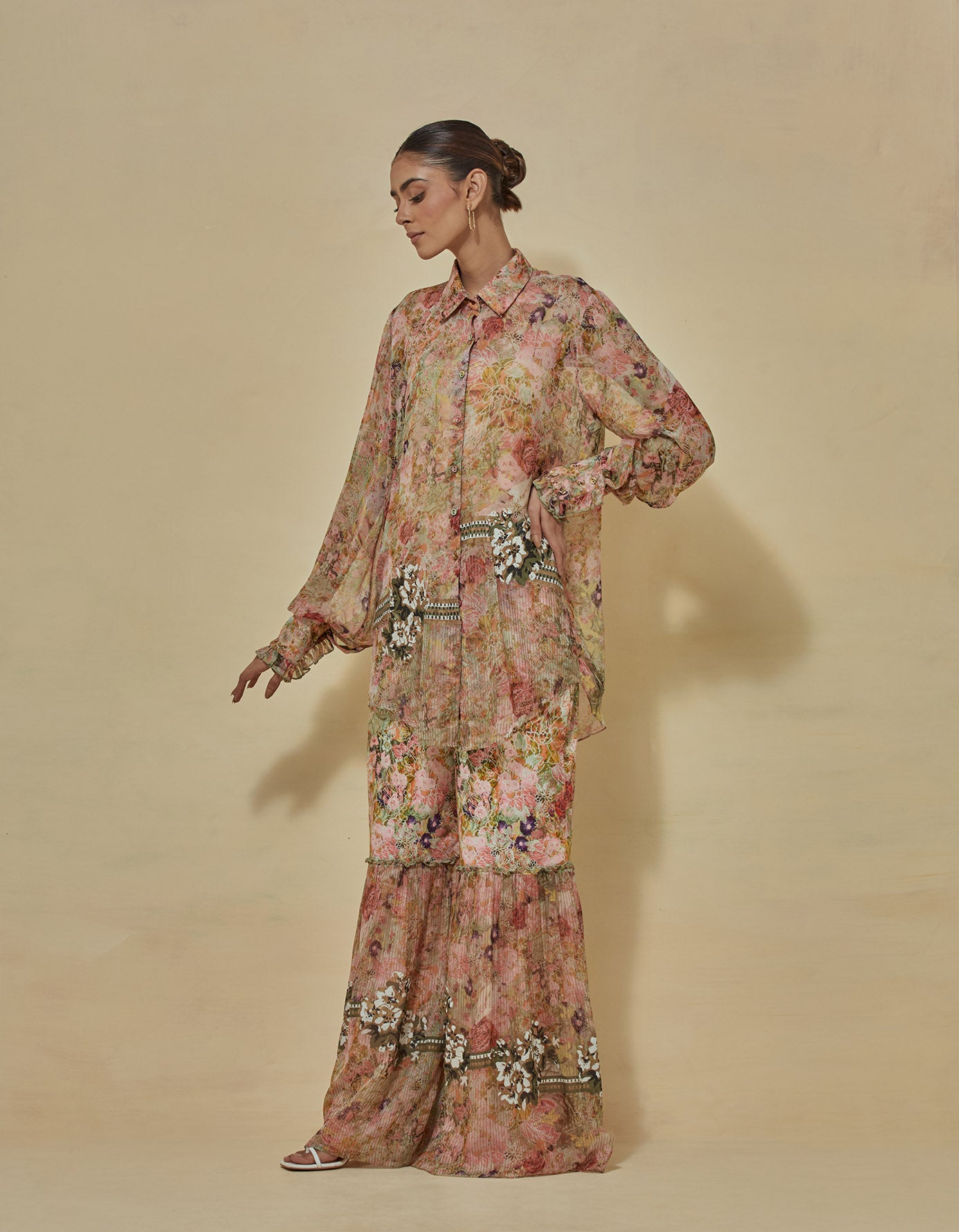 Chiffon printed shirt paired with flaired printed pants in lycra and chiffon