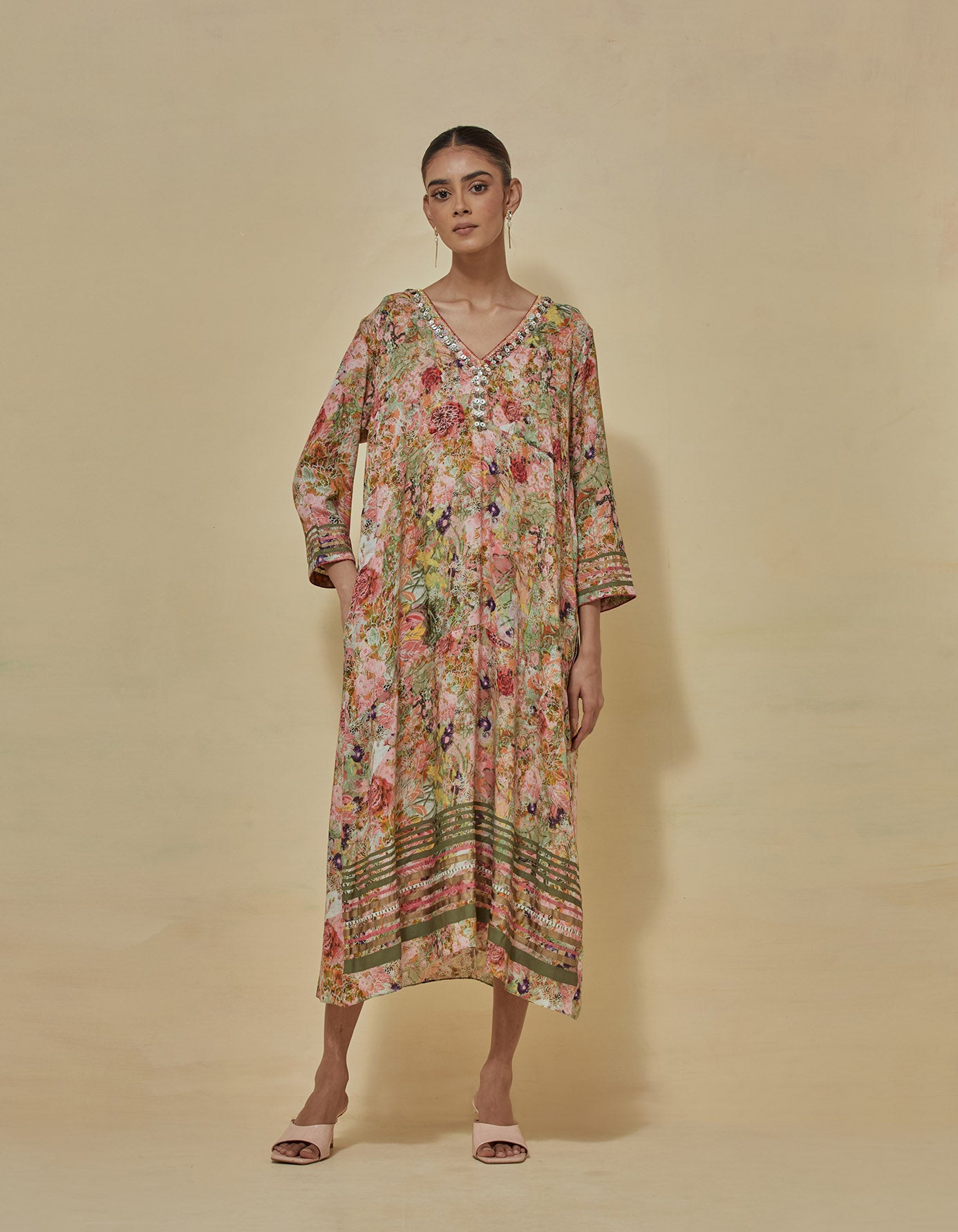 Printed a line dress embellished with m.o.p embroidery