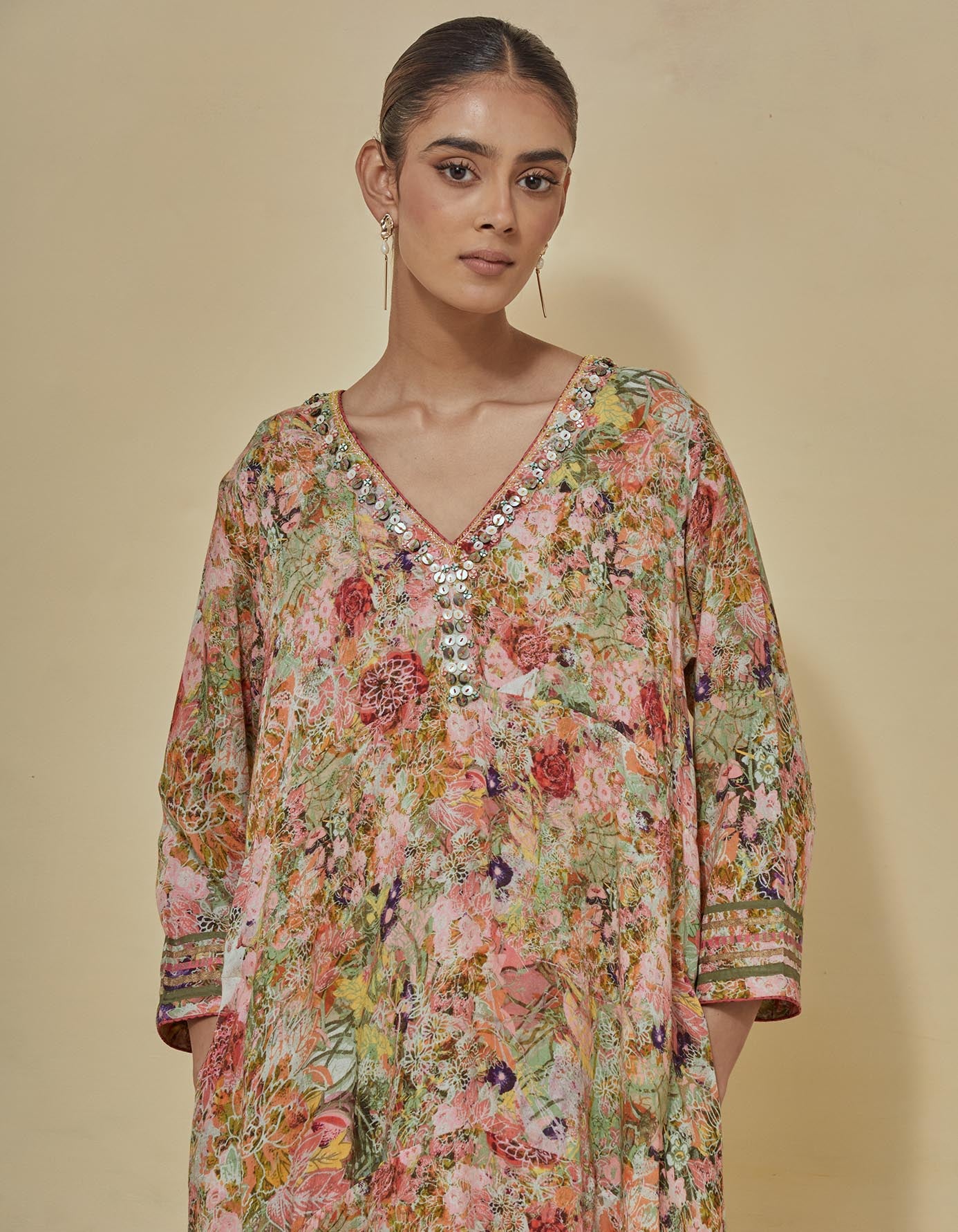 Printed a line dress embellished with m.o.p embroidery